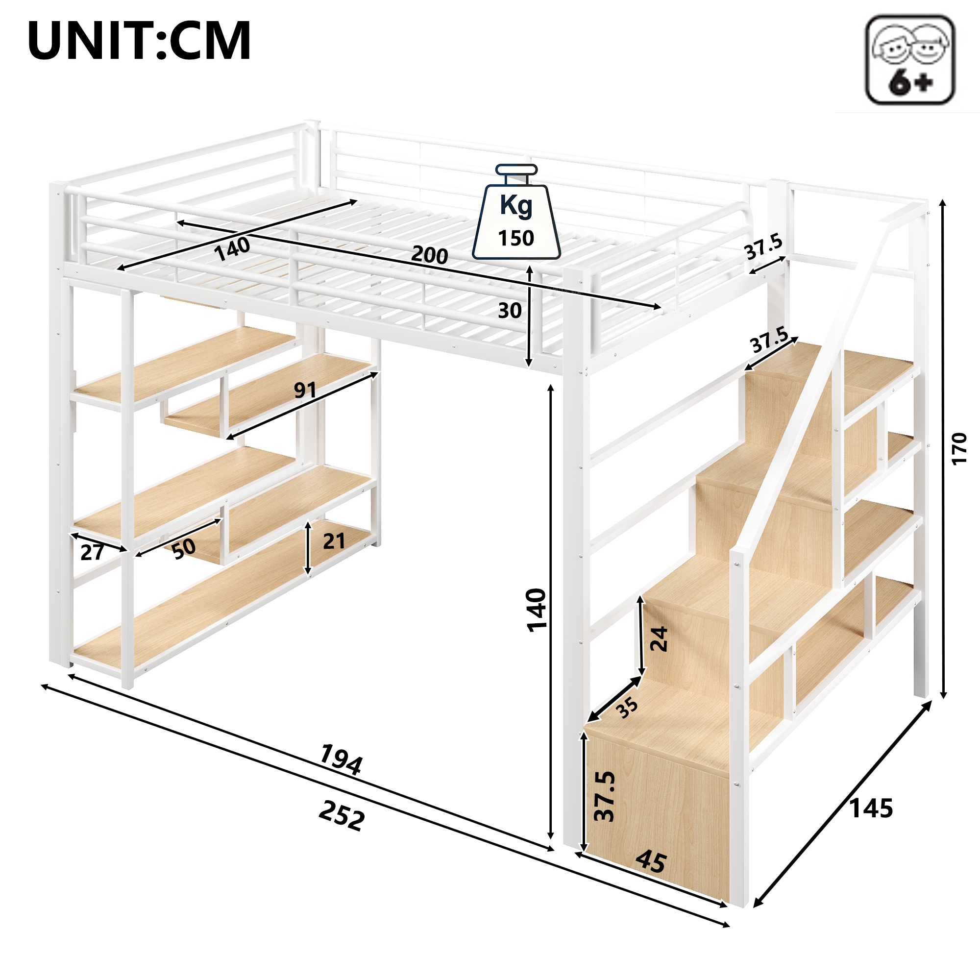 Lit mezzanine 140 x 200 cm, escalier, éclairage LED sous le couchage, garde-corps, rangements intégrés, métal et MDF, blanc, 252 x 145 x 170 cm - vue complémentaire 1