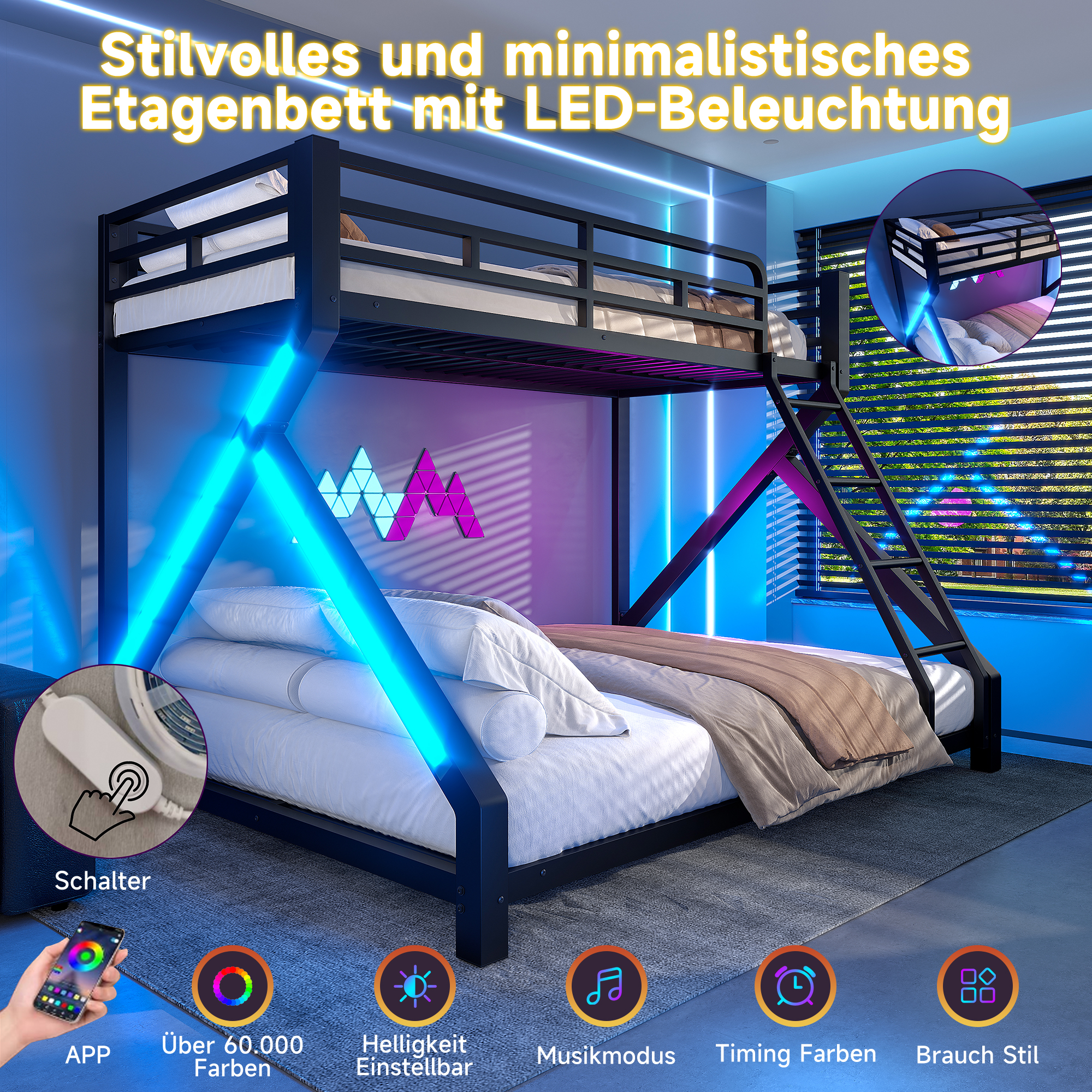 Lit Superposé en Fer Forgé 90×200 / 140×200 cm – LED Douce et Structure Renforcée – Dimensions et caractéristiques du couchage
