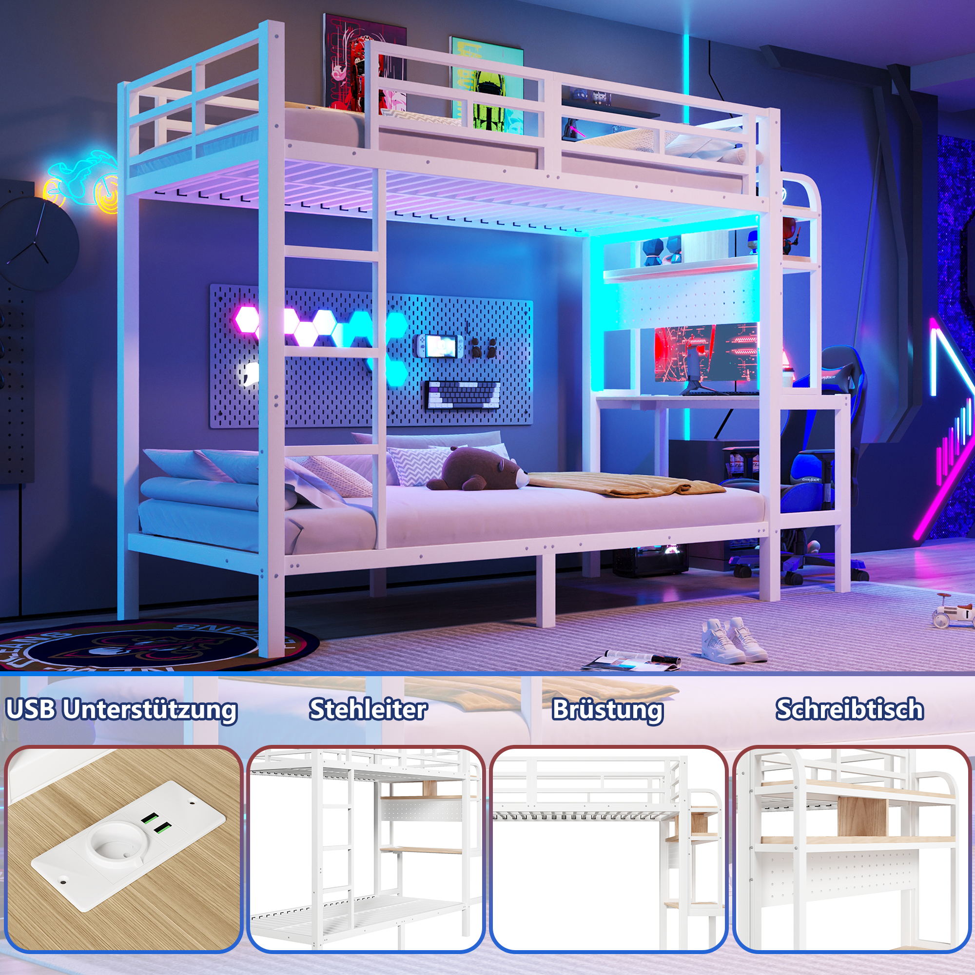 Lit superposé 90 x 200 cm avec éclairage LED, port USB / Type-C, rangements intégrés, bureau intégré, blanc - spécifications 1