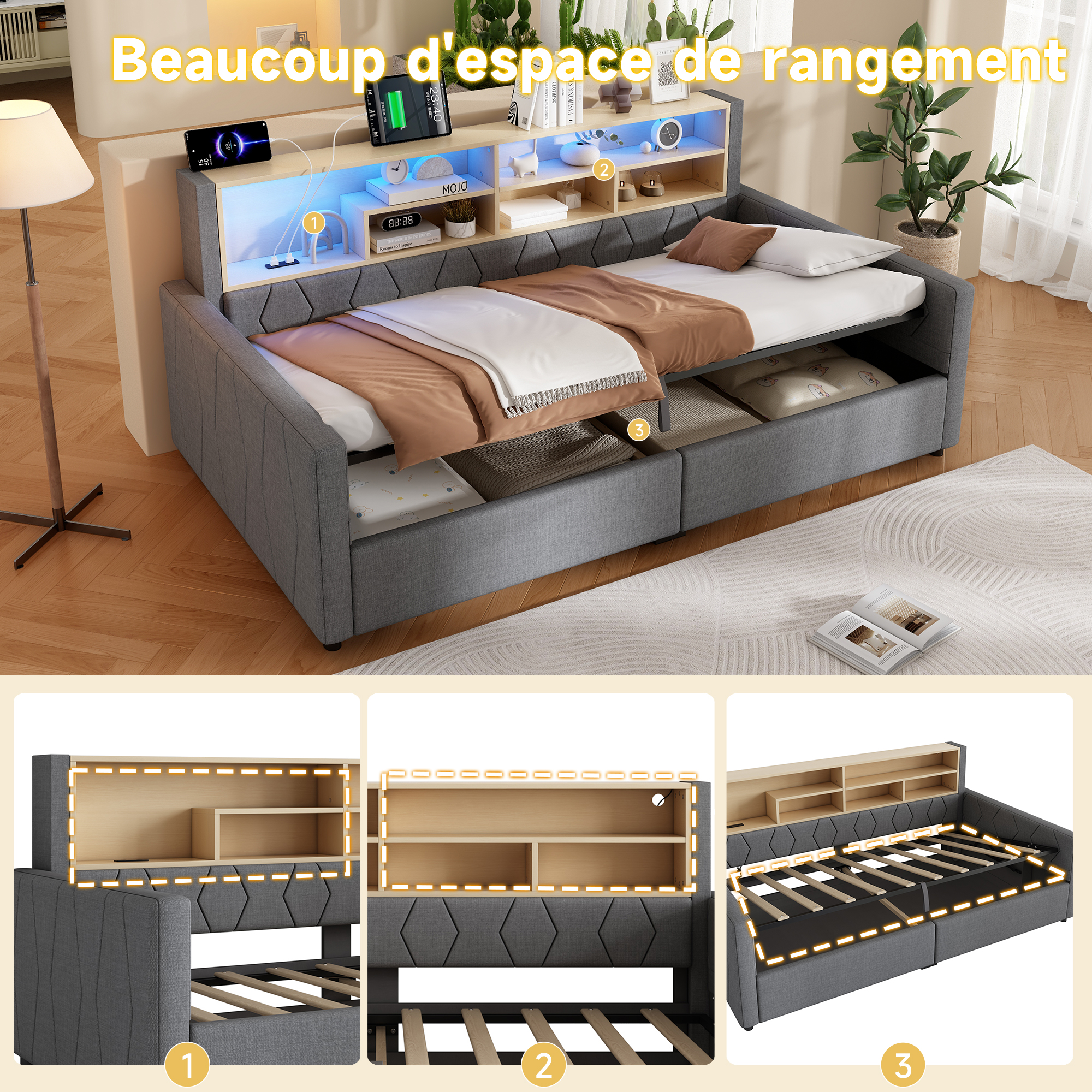 Détails de la bande LED, des ports USB-A et USB-C du lit banquette gris