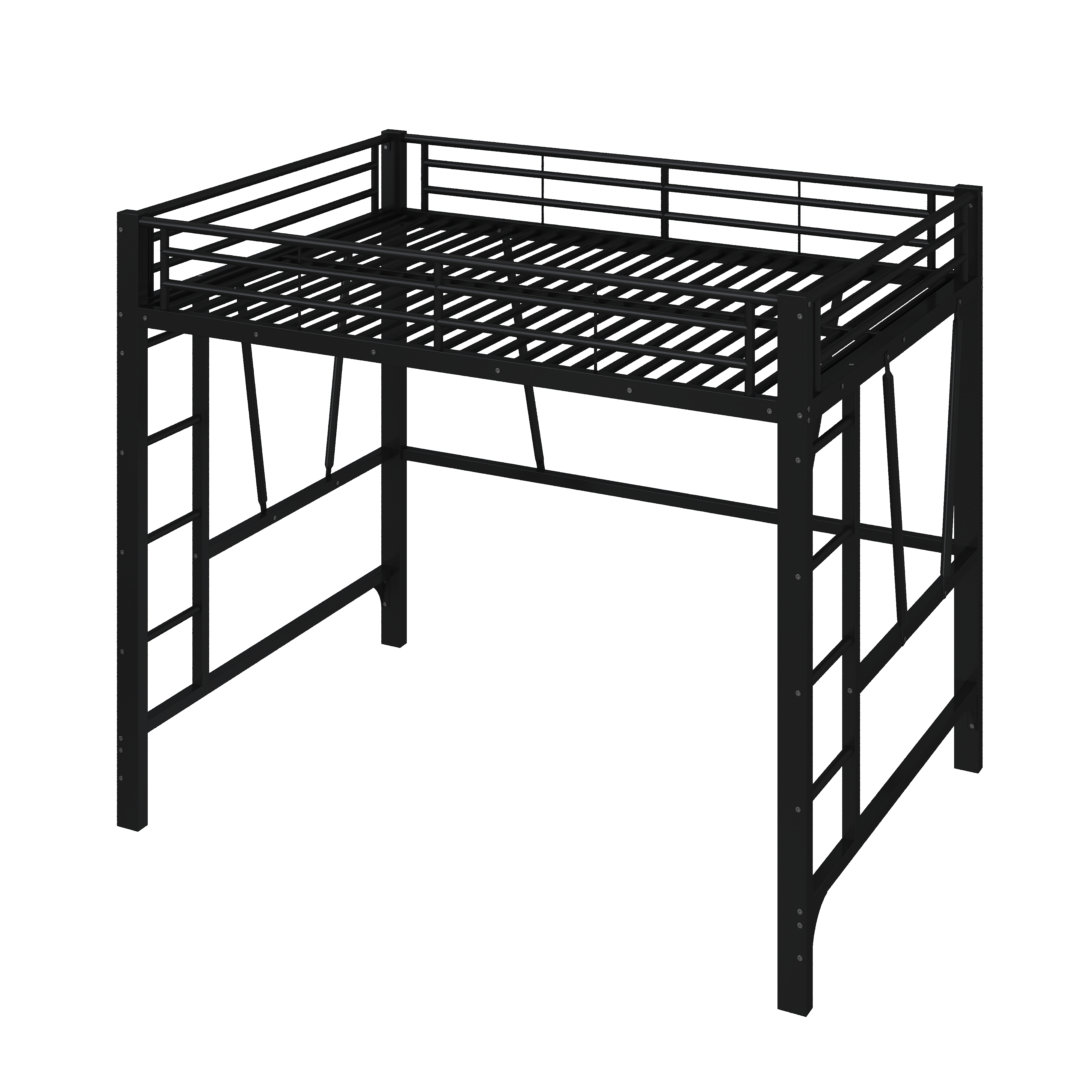 Présentation de Lit mezzanine en métal 140 x 200 cm avec double échelle, rangements, espace inférieur ouvert et barrières de sécurité, Noir, sans matelas