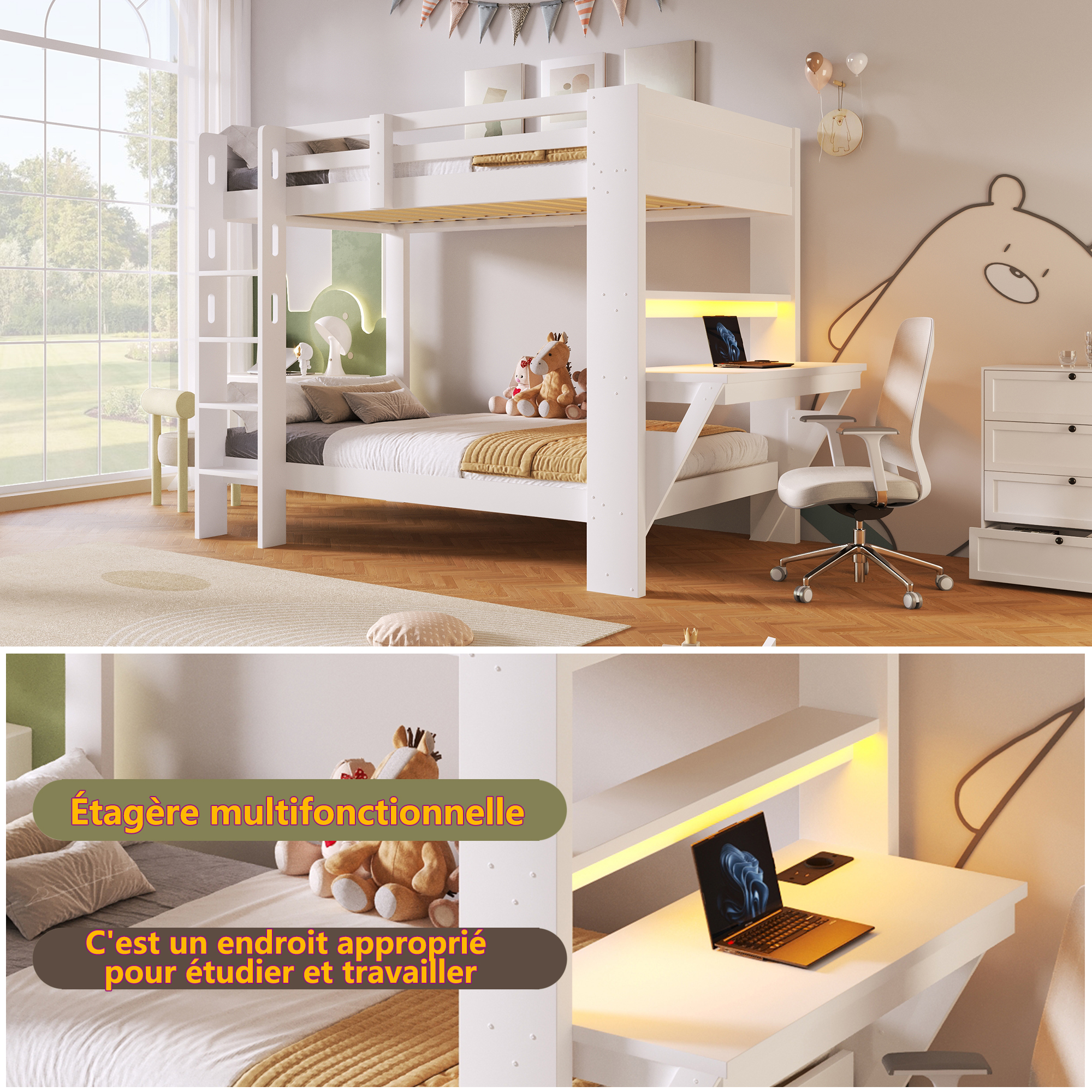 Lit mezzanine avec bureau – Prise électrique et éclairage LED