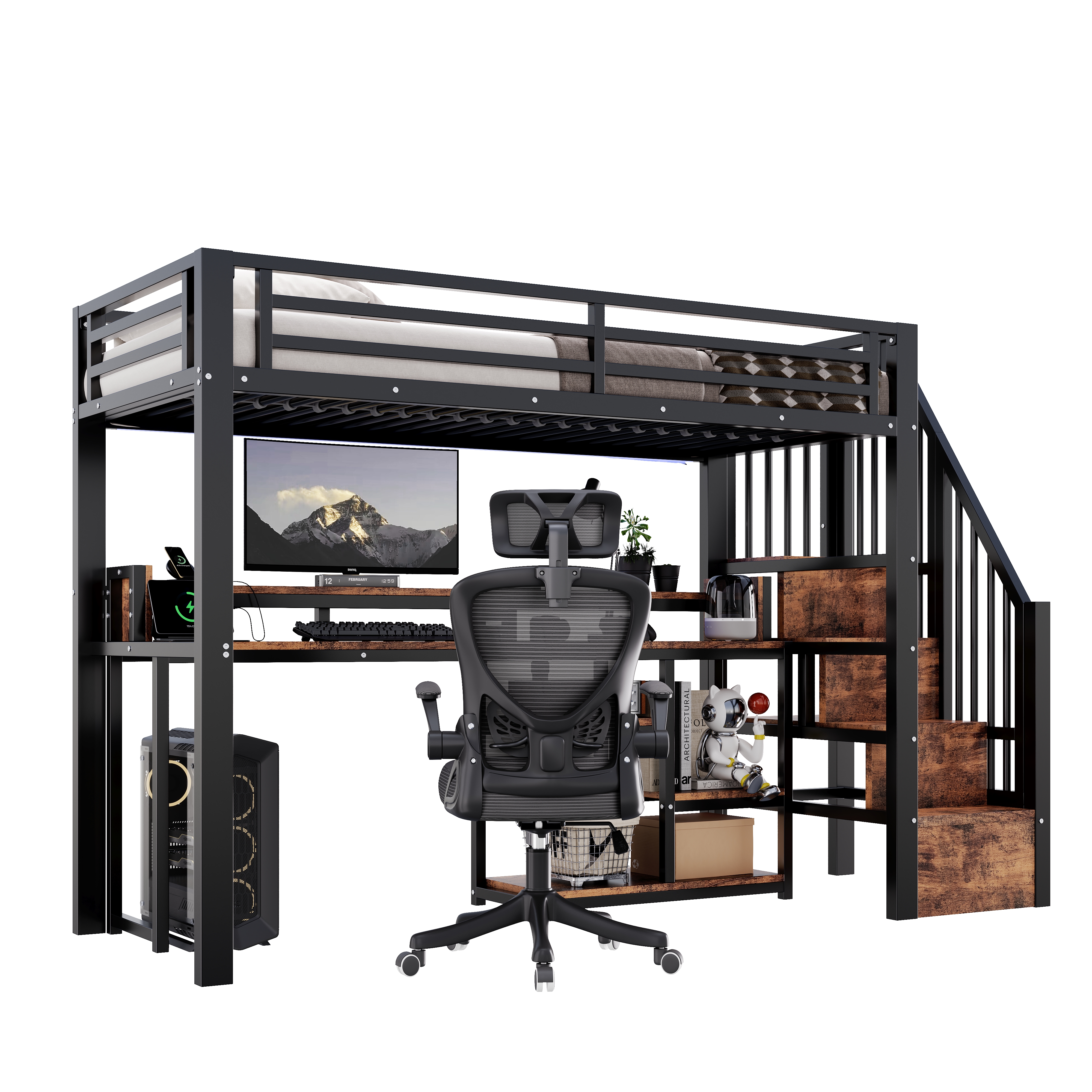 Détails lit mezzanine noir avec LED et rangement