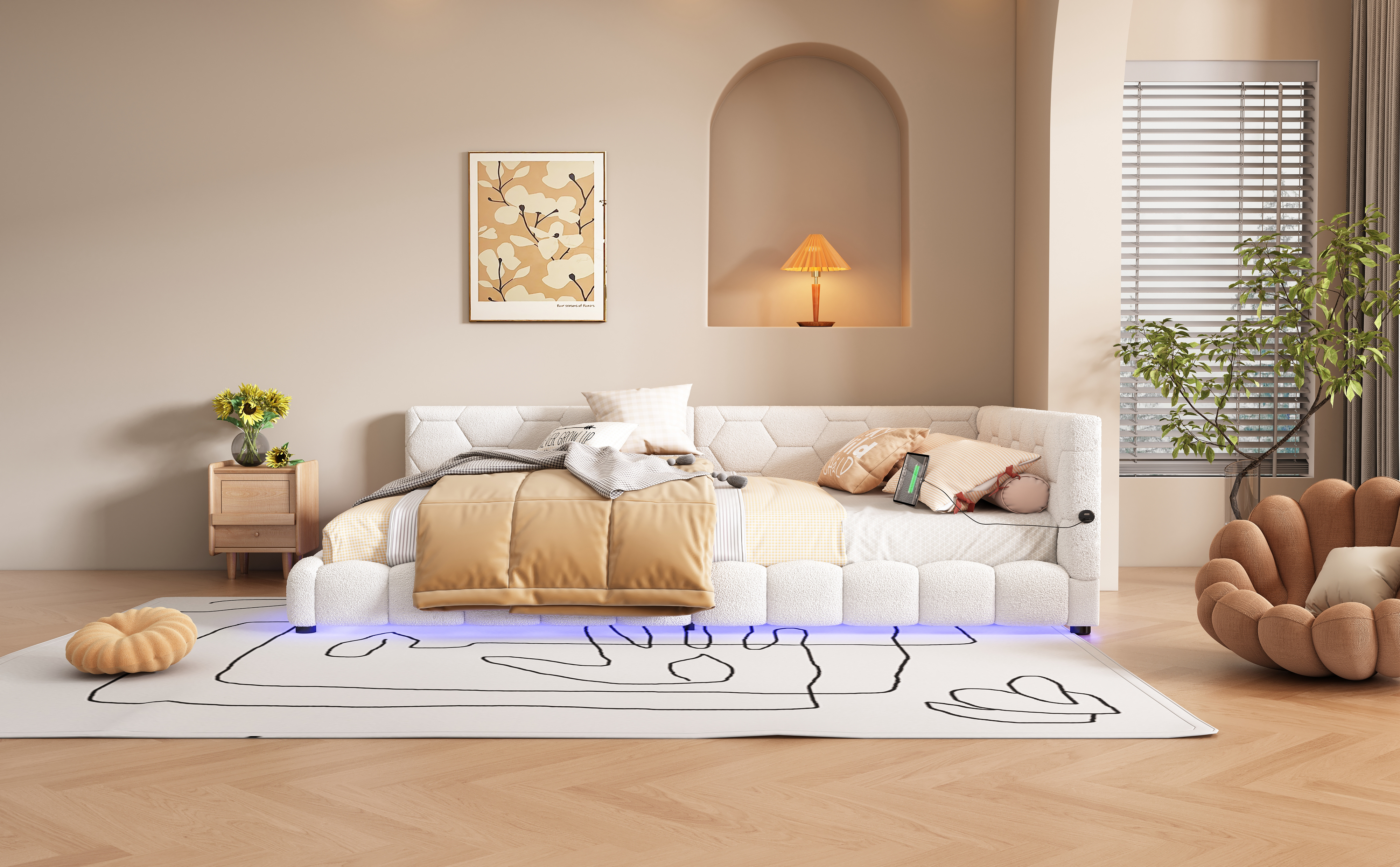 Lit avec LED 16 couleurs contrôlable app, USB + Type-C, velours imitation, MDF, pour chambre, ambiance romantique, recharge multiple, design moderne, confort et technologie, style fonctionnel élégant - image 15