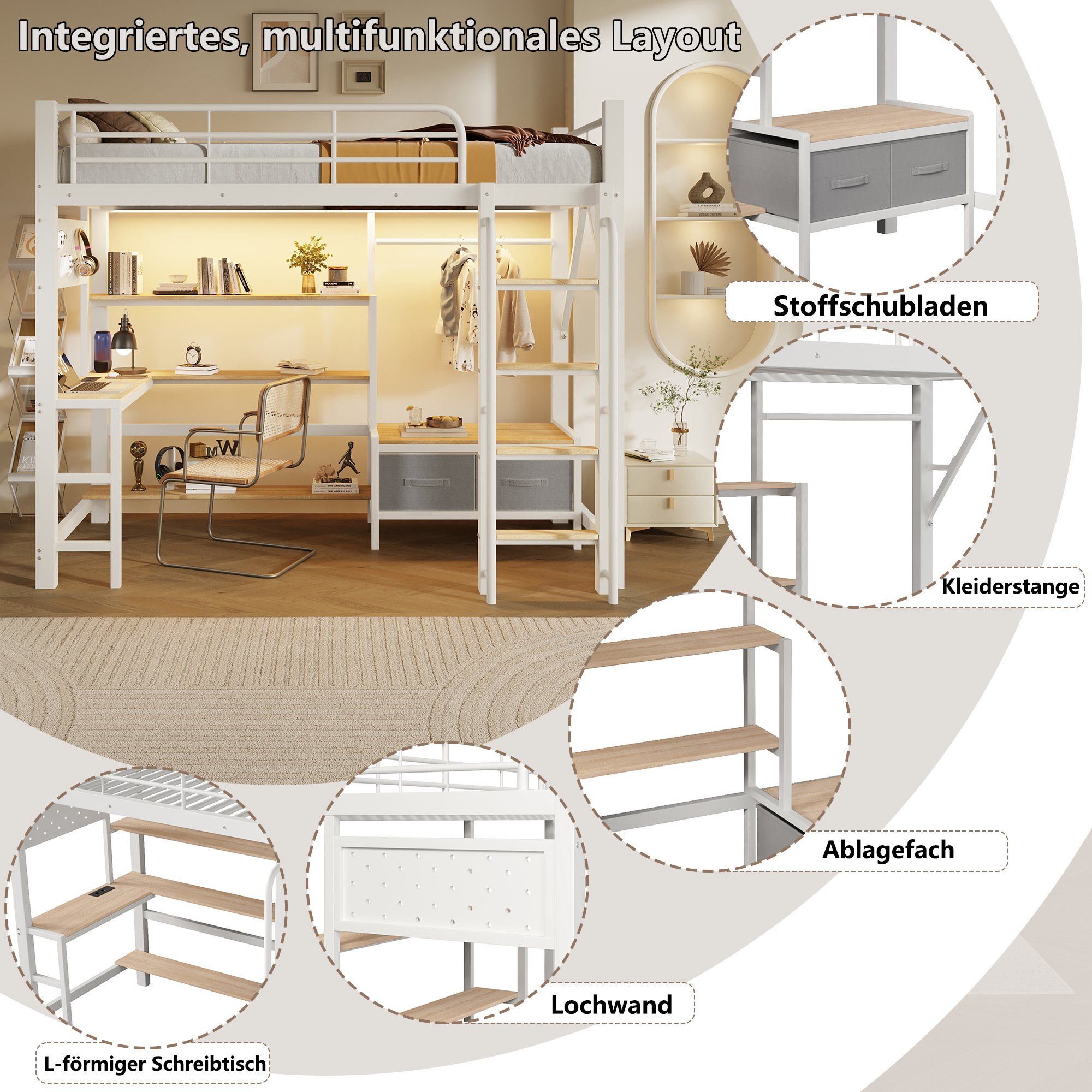 Lit mezzanine 90 x 200 cm avec éclairage LED, port USB / Type-C, prises intégrées, rangements intégrés, bureau intégré, blanc - spécifications 1