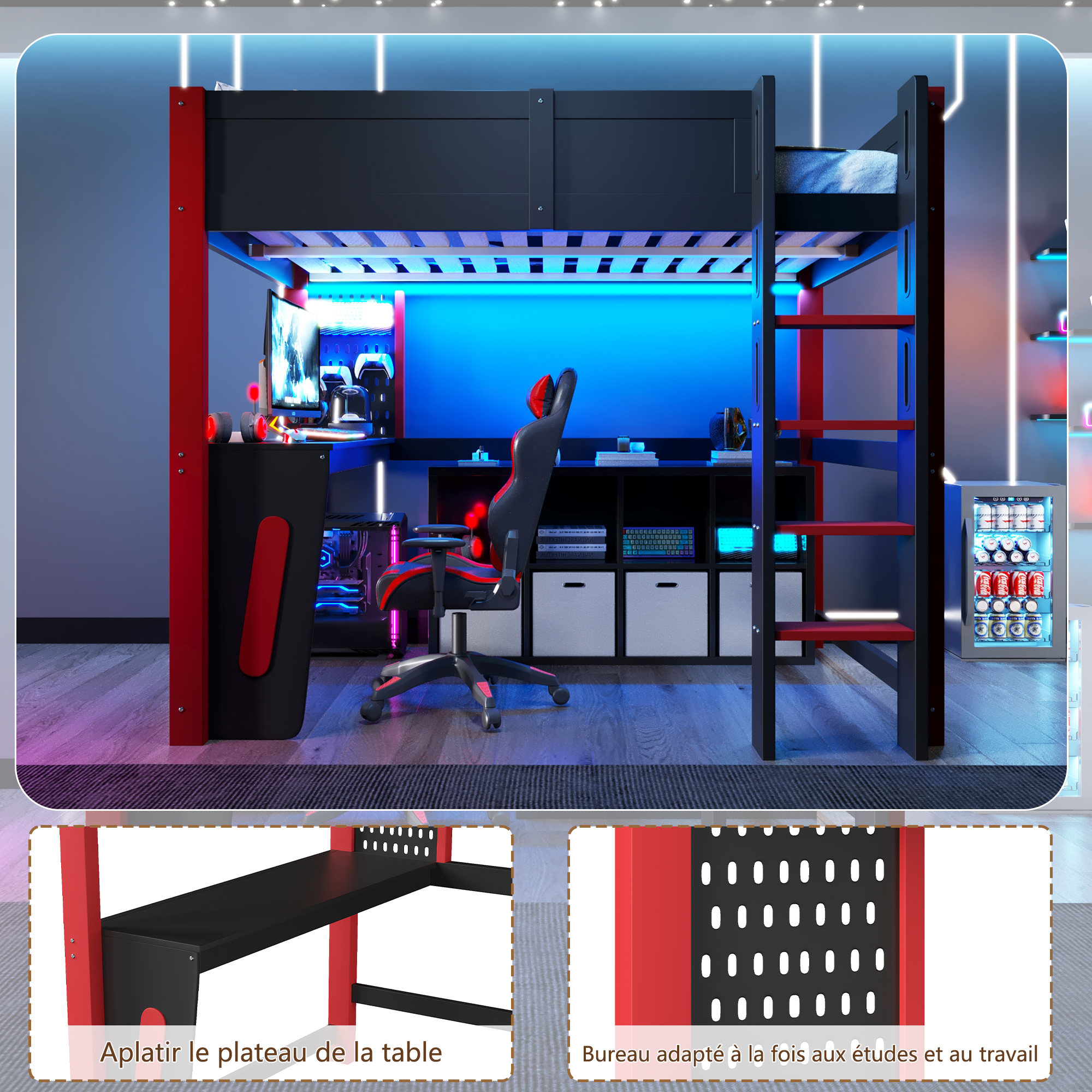 Lit mezzanine 140 x 200 cm avec bureau, LED, MDF et pin, Noir - dimensions et détails