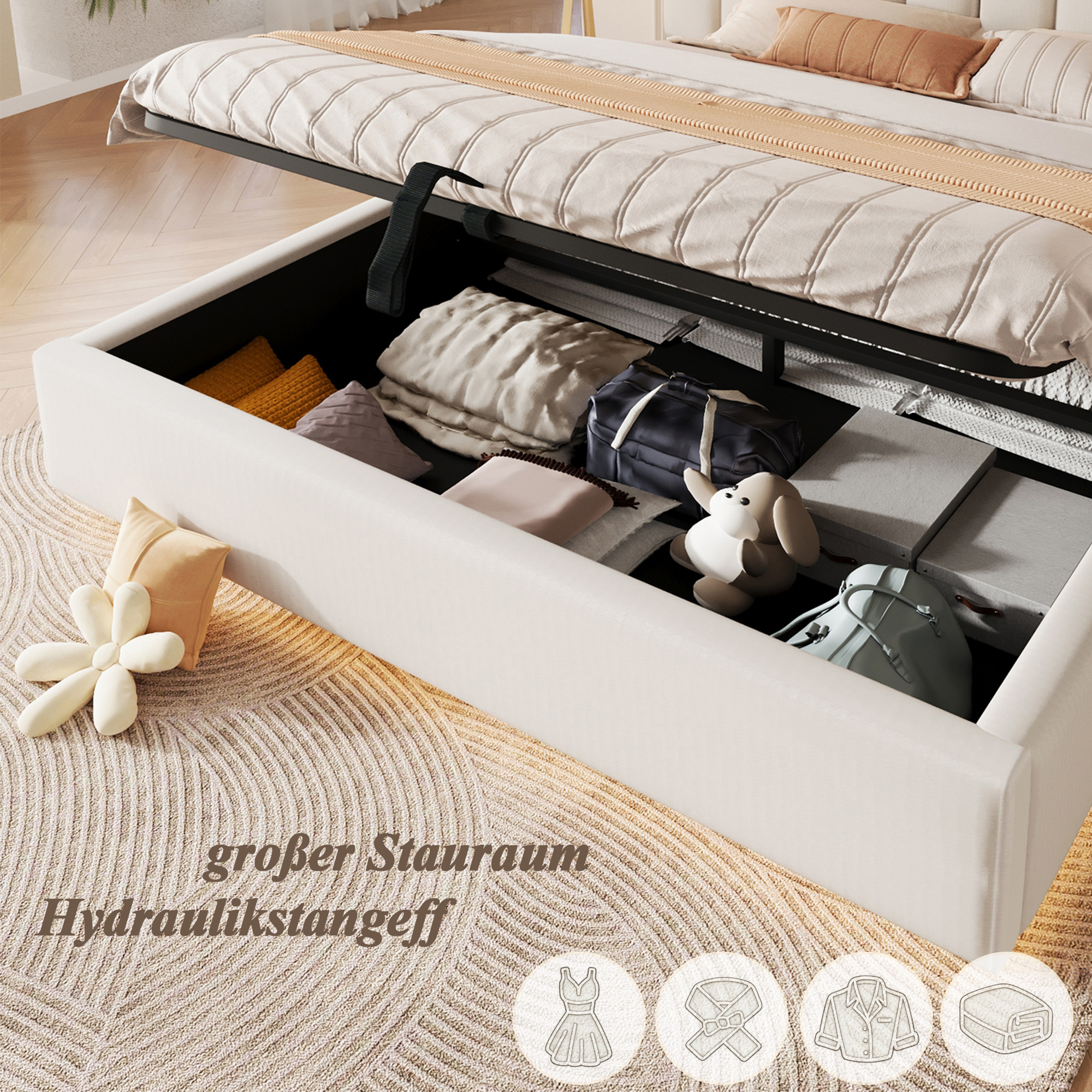 Présentation de Lit coffre rembourré en chenille 180 x 200 cm avec rangement hydraulique, LED et sommier à lattes, Beige, sans matelas