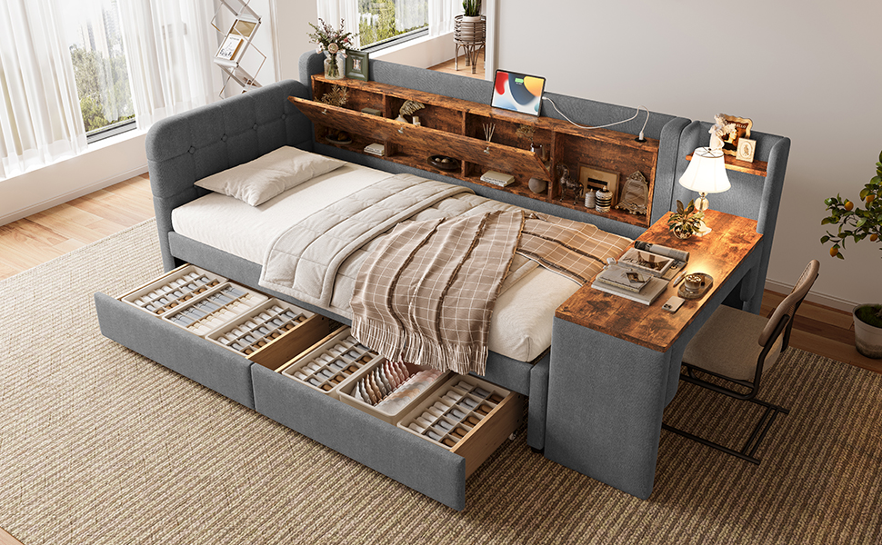 Lit en chanvre et MDF, rangement avec couvercle rabattable et étagère, bureau flexible, pour chambre, matériau écologique respirant, design intelligent, beaucoup de stockage, style naturel, durabilité - image 14