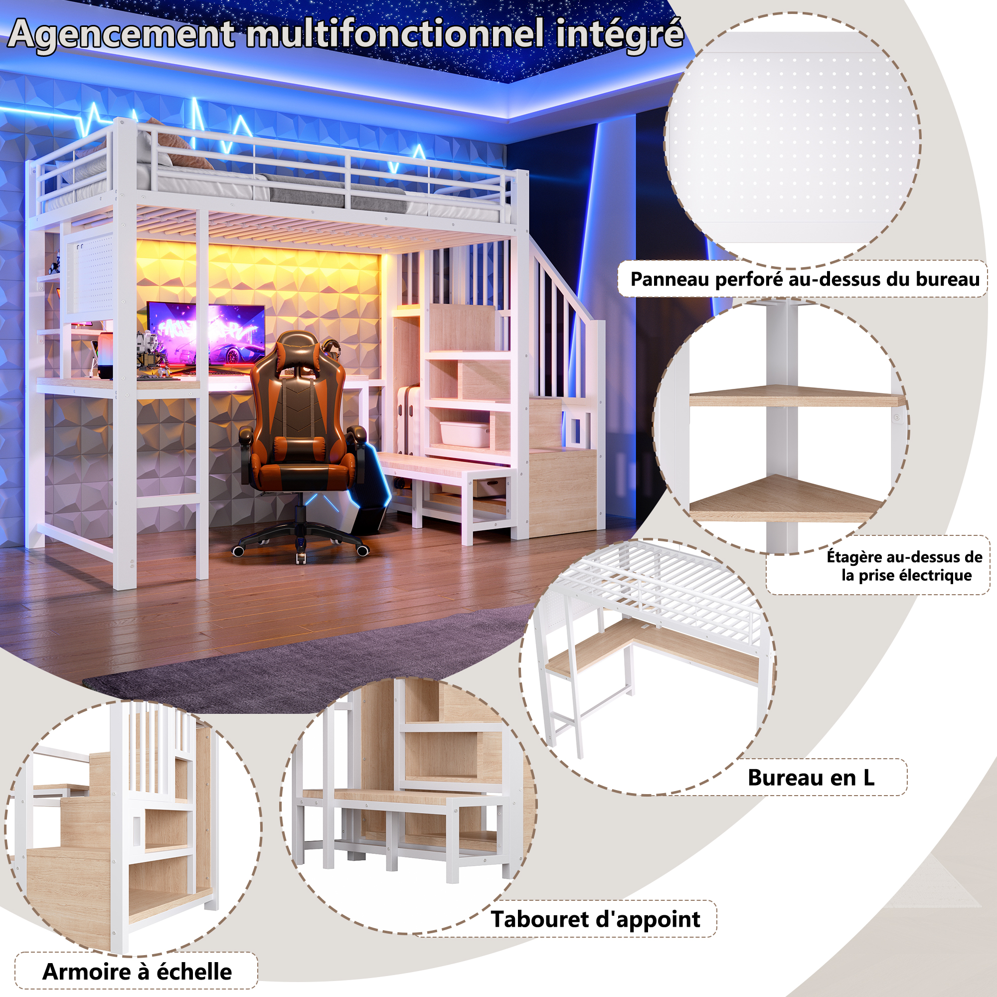 Présentation lit mezzanine blanc avec bureau LED