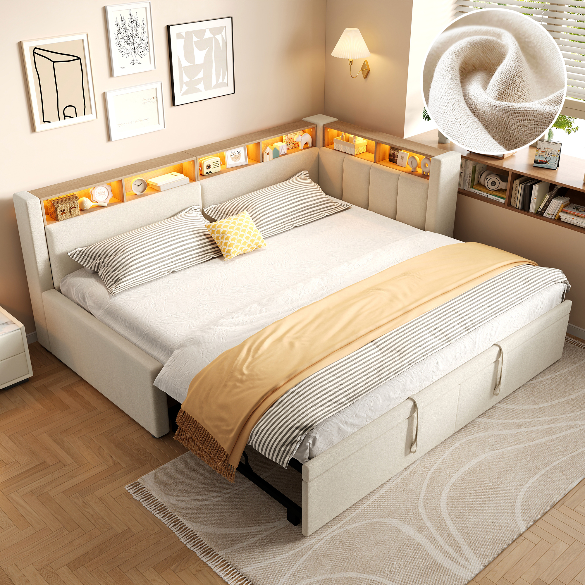 Lit de Jour Convertible 90×200 cm – Lin de Qualité, LED et Rangement Intégré – Design extractible et flexibilité d’usage