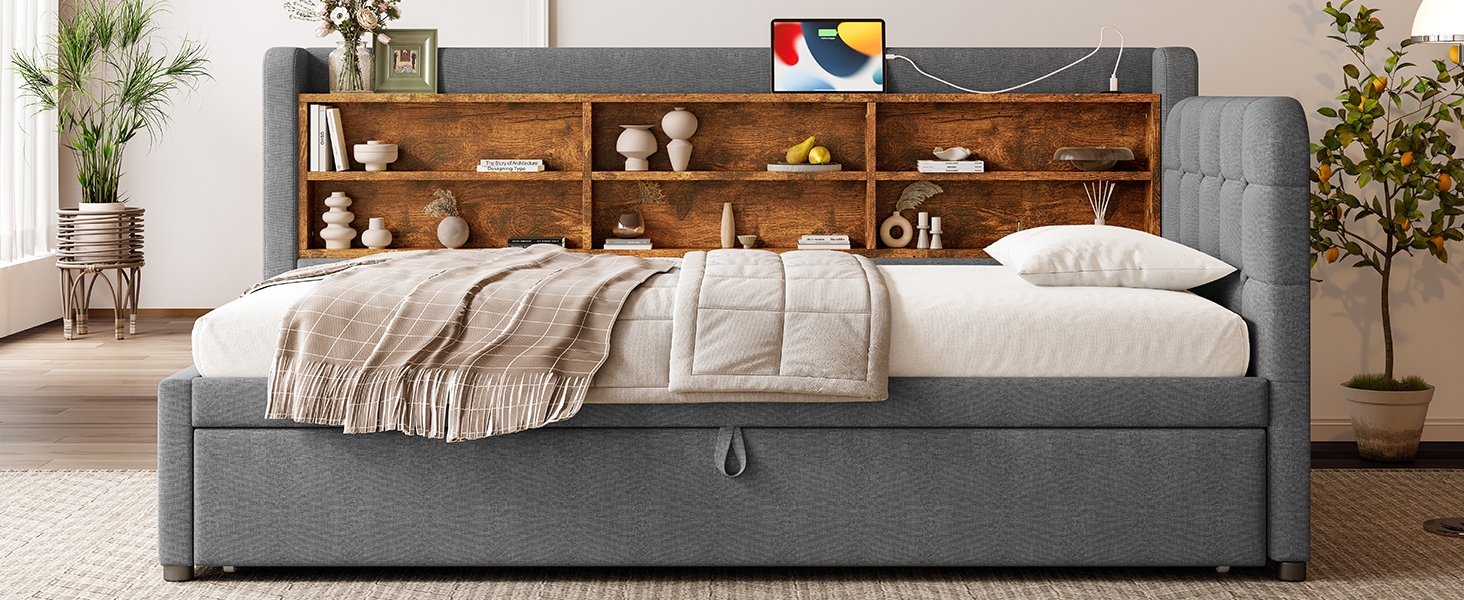 Lit en chanvre et MDF avec escamotable 180×200 cm, USB + Type-C, tête à boutons faite main, style rétro, pour petit appartement, matériau écologique, couchage spacieux, recharge au lit, design élégant, confort, fonctionnalité - image 22