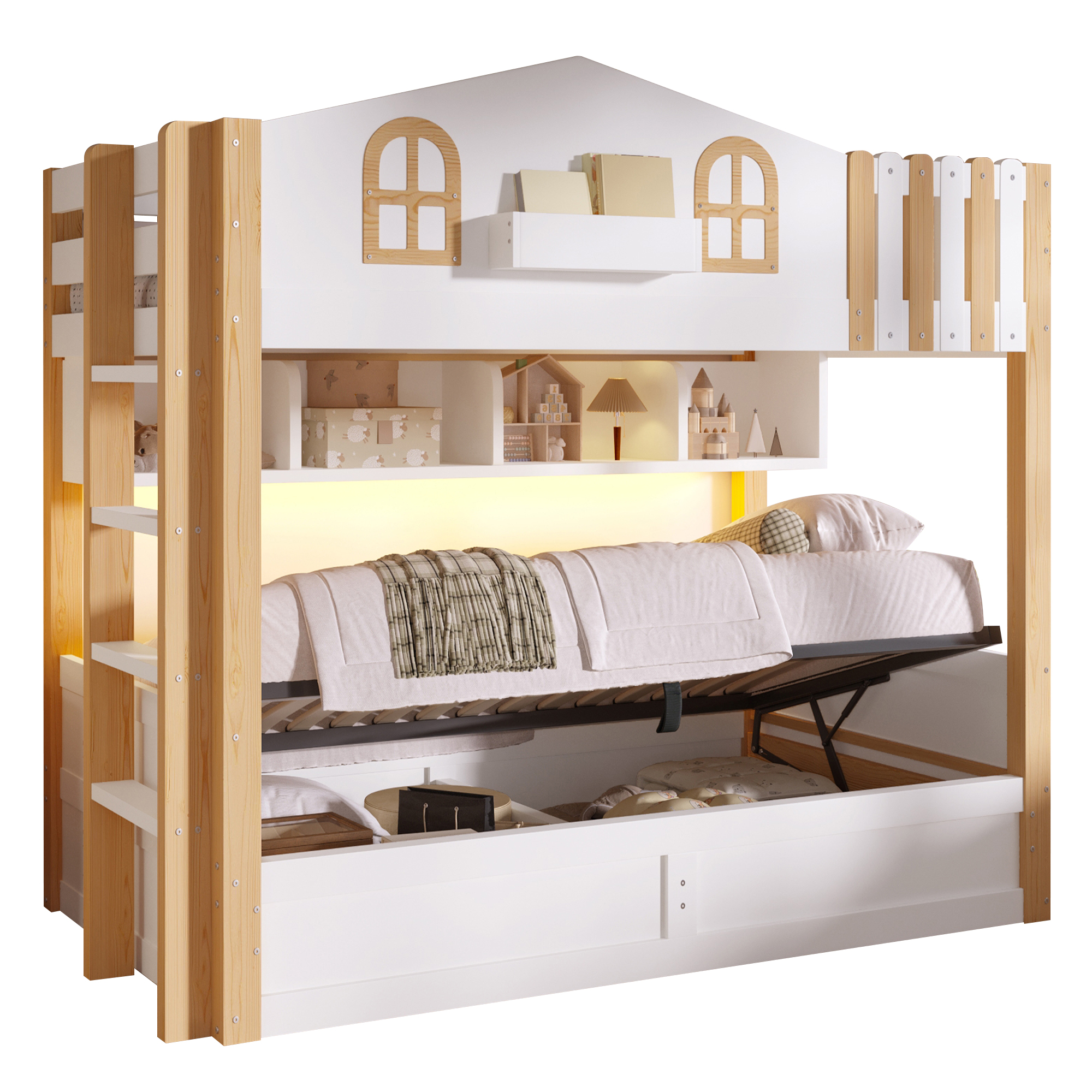 Lit superposé 90 x 200 cm avec éclairage LED, rangements intégrés, rangement hydraulique, blanc et chêne - points forts 1