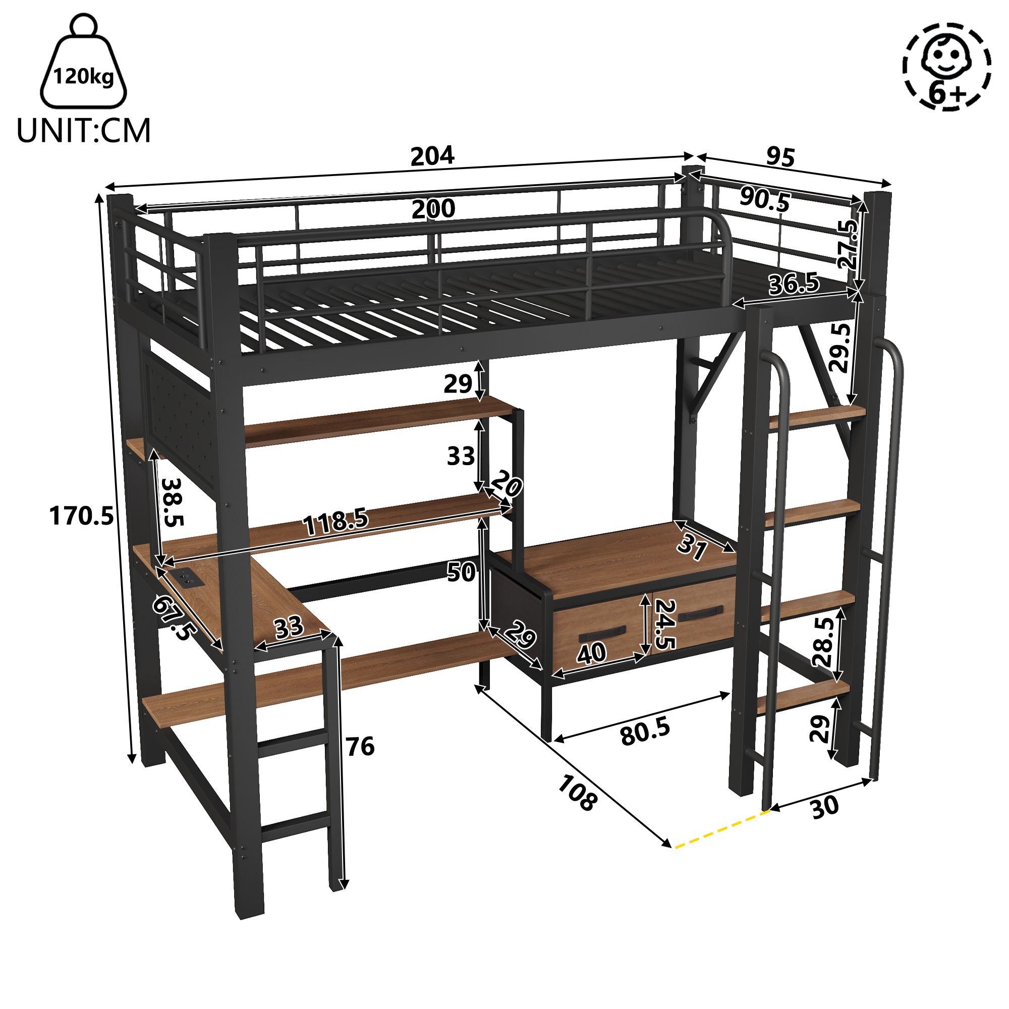 Lit mezzanine 90 x 200 cm avec éclairage LED, port USB / Type-C, prises intégrées, rangements intégrés, bureau intégré, noir - vue complémentaire 1