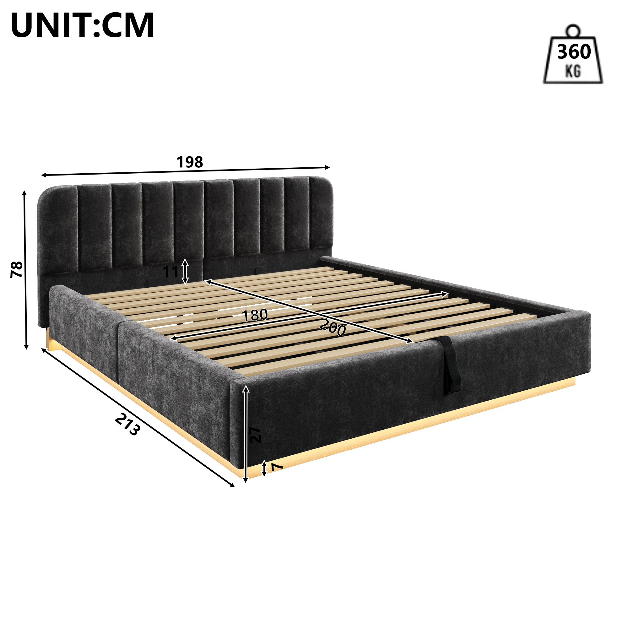 Dimensions et fonctions de Lit coffre rembourré en chenille 180 x 200 cm avec rangement hydraulique, LED et sommier à lattes, Gris, sans matelas