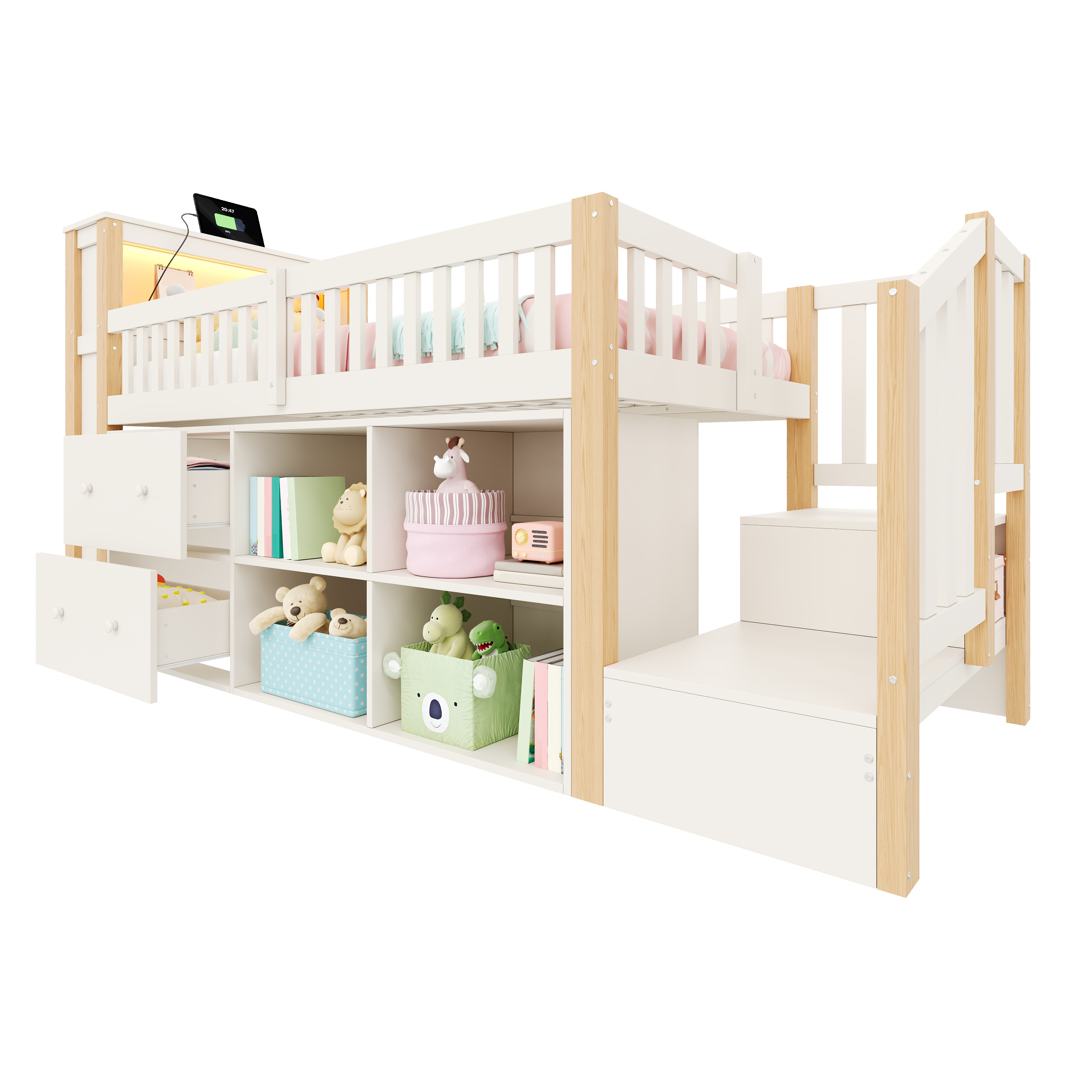 Détails de Lit mezzanine en bois 90 x 200 cm avec bureau, éclairage LED, ports USB-C/prise et escalier avec rangements, Naturel, sans matelas