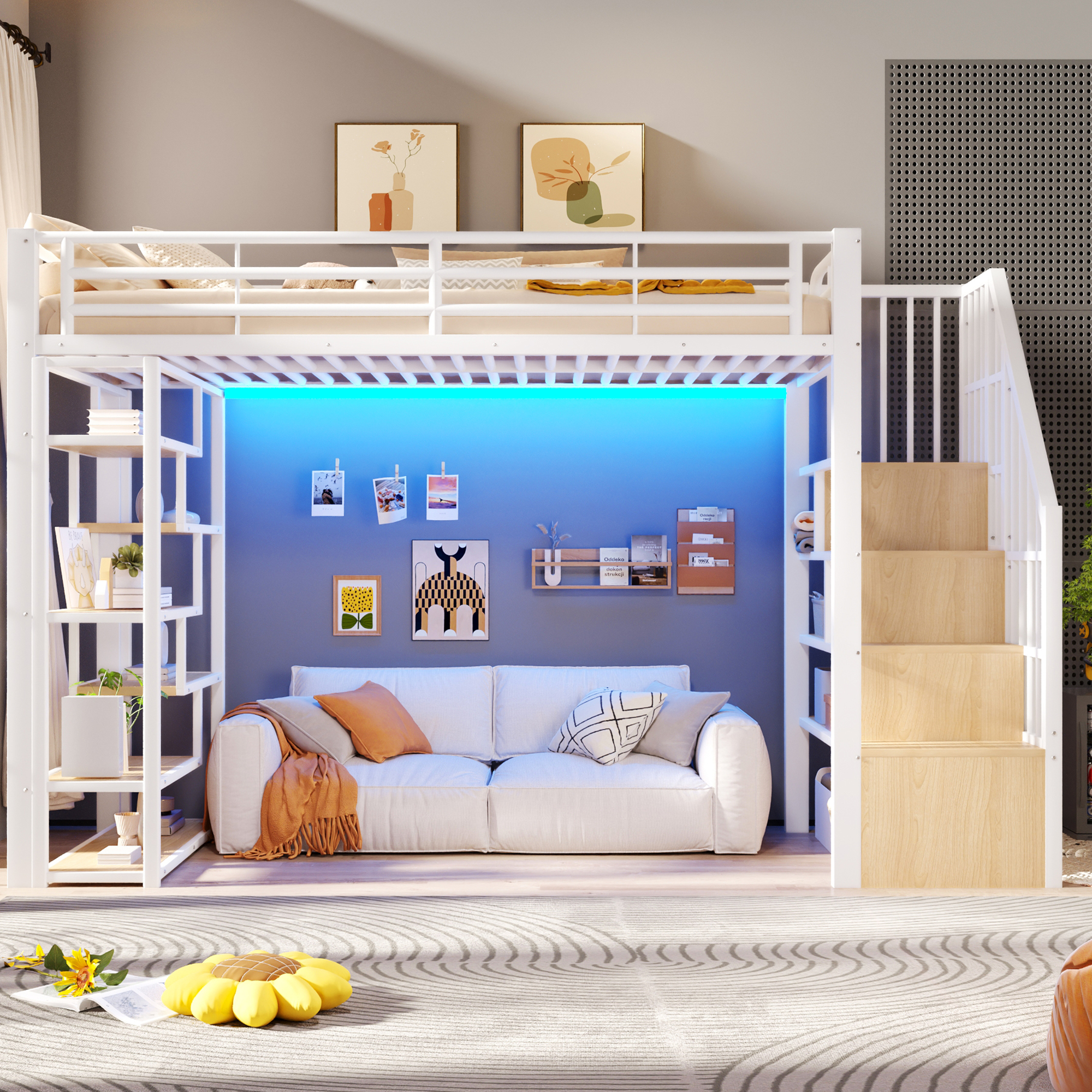 Lit mezzanine 90 x 200 cm, escalier, éclairage LED sous le couchage, garde-corps, rangements intégrés, métal et MDF, blanc, 252 x 95 x 170 cm - présentation 1