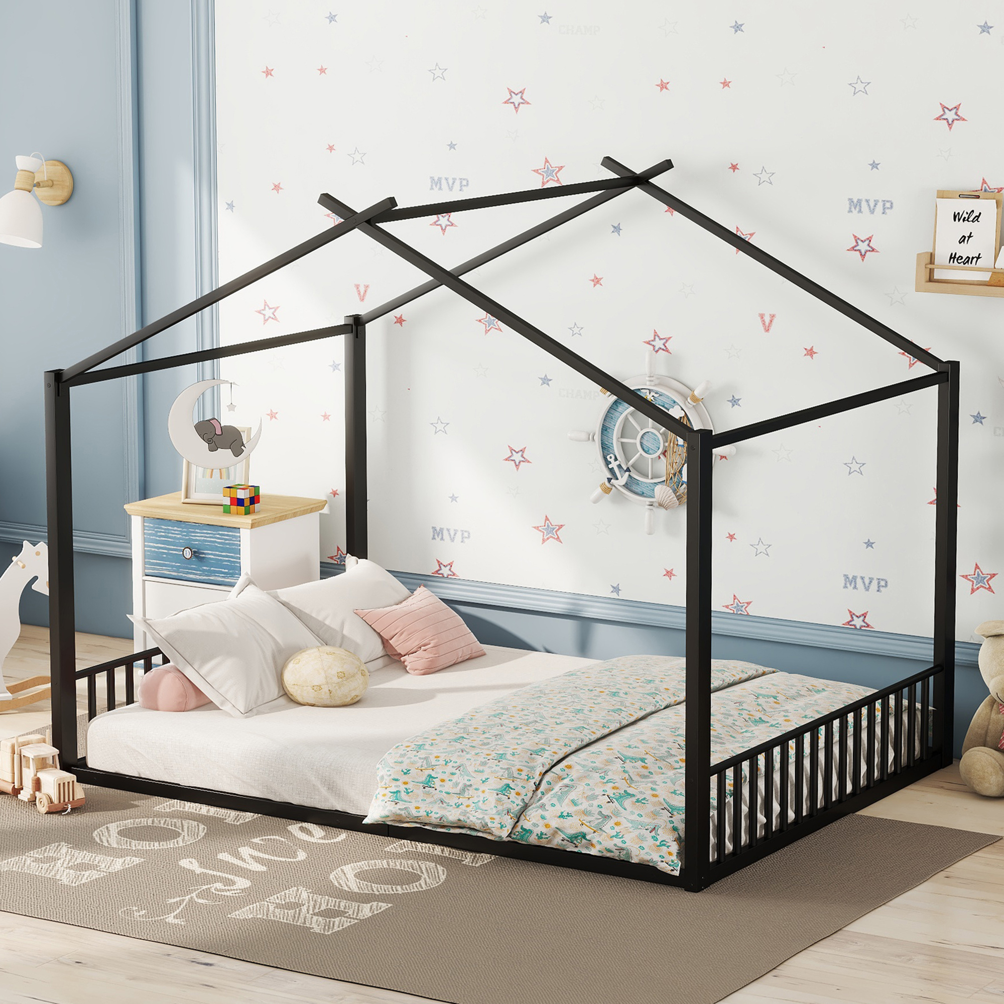Lit mezzanine enfant en métal en forme de maison noir, pour chambre d'enfant, design unique, espace de jeu, style moderne, facile montage, stabilité, sécurité, utilisation polyvalente, décoration - image 2