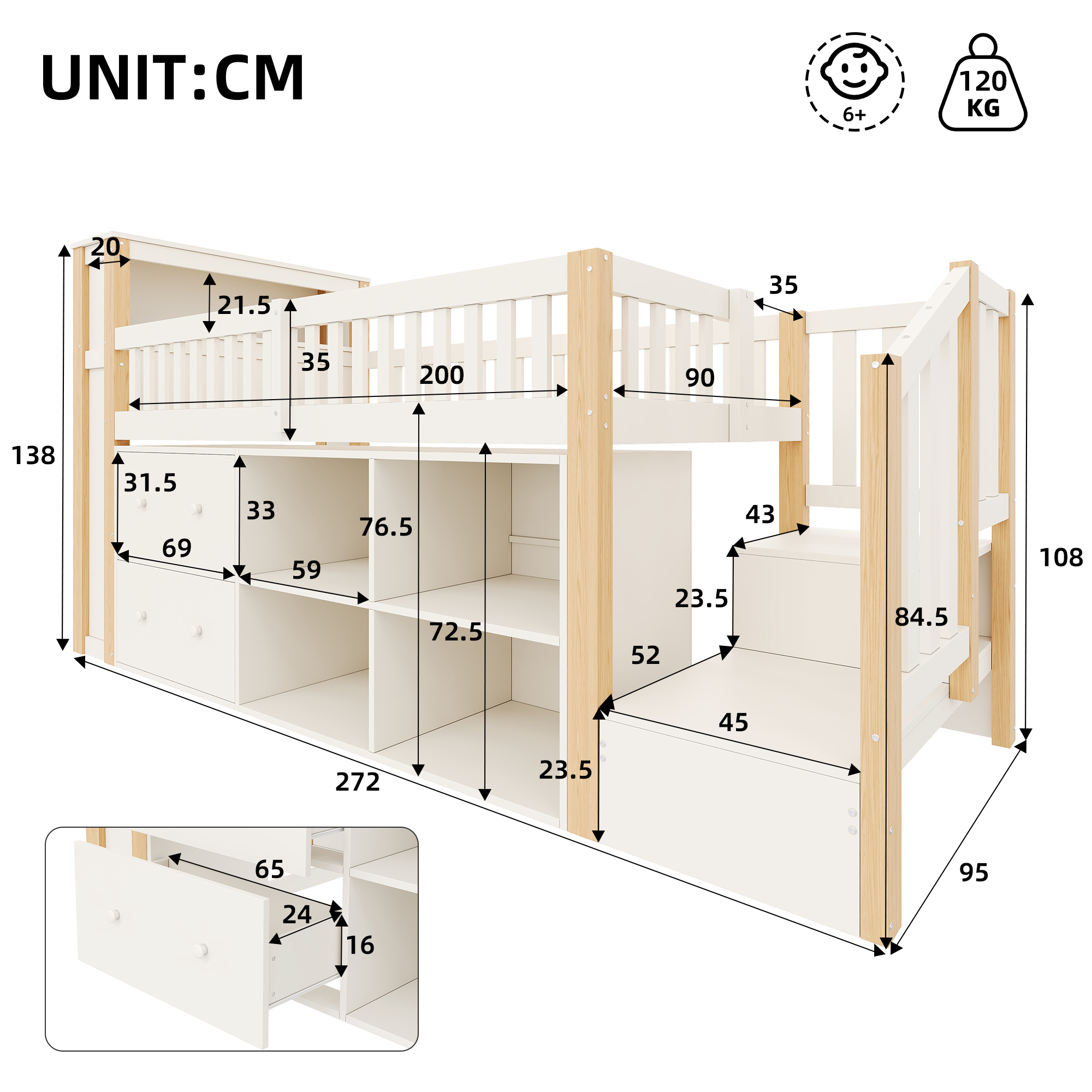 Dimensions du lit mezzanine 90x200 cm avec bureau et rangements