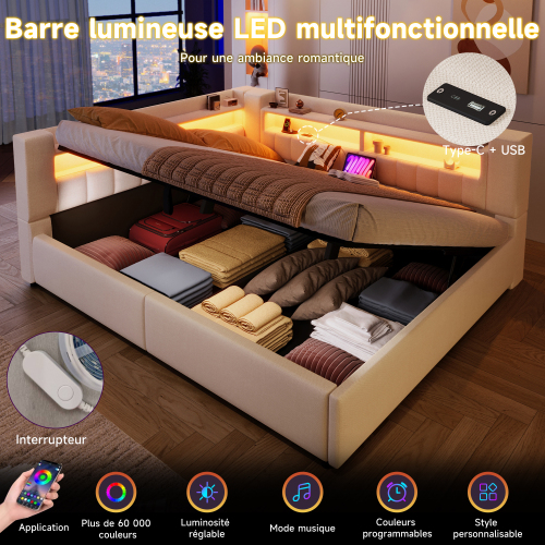 Bandeau lumineux LED multicolore du lit double