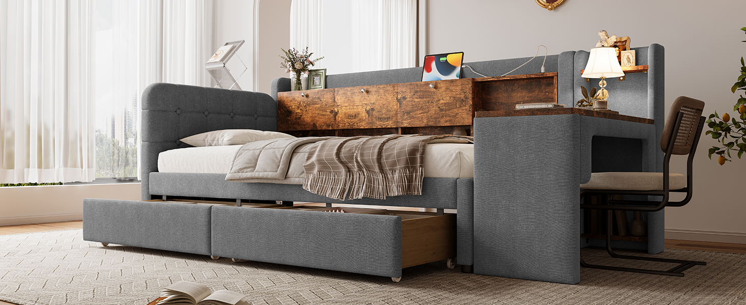 Lit en chanvre et MDF, rangement avec couvercle rabattable et étagère, bureau flexible, pour chambre, matériau écologique respirant, design intelligent, beaucoup de stockage, style naturel, durabilité - image 17
