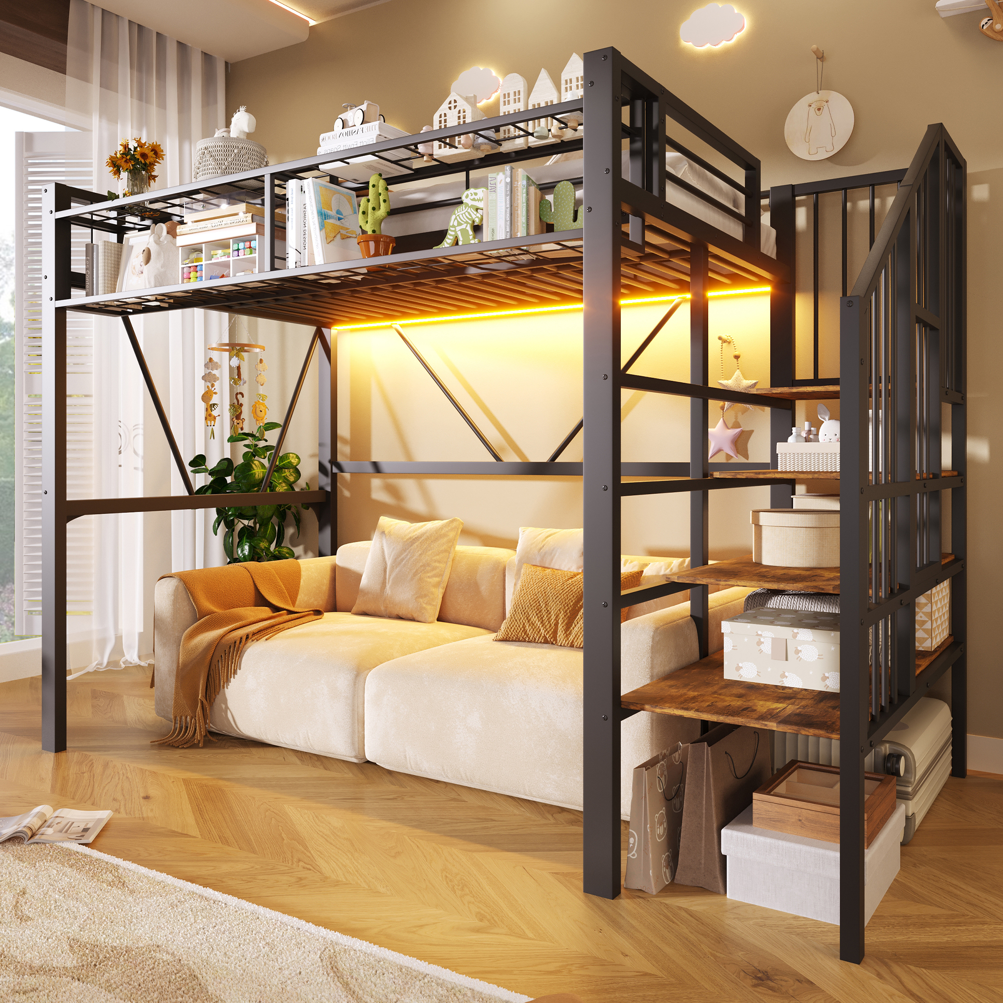 Hochbett, 90 x 200 cm, Metallbett, Stufen-Ablagere