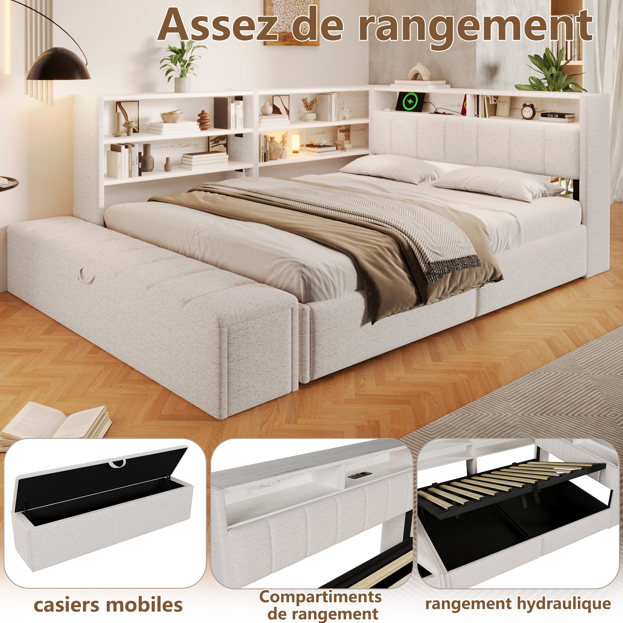 Détails de la LED RGB, de la banquette et des connexions USB du lit rembourré blanc 140 x 200 cm