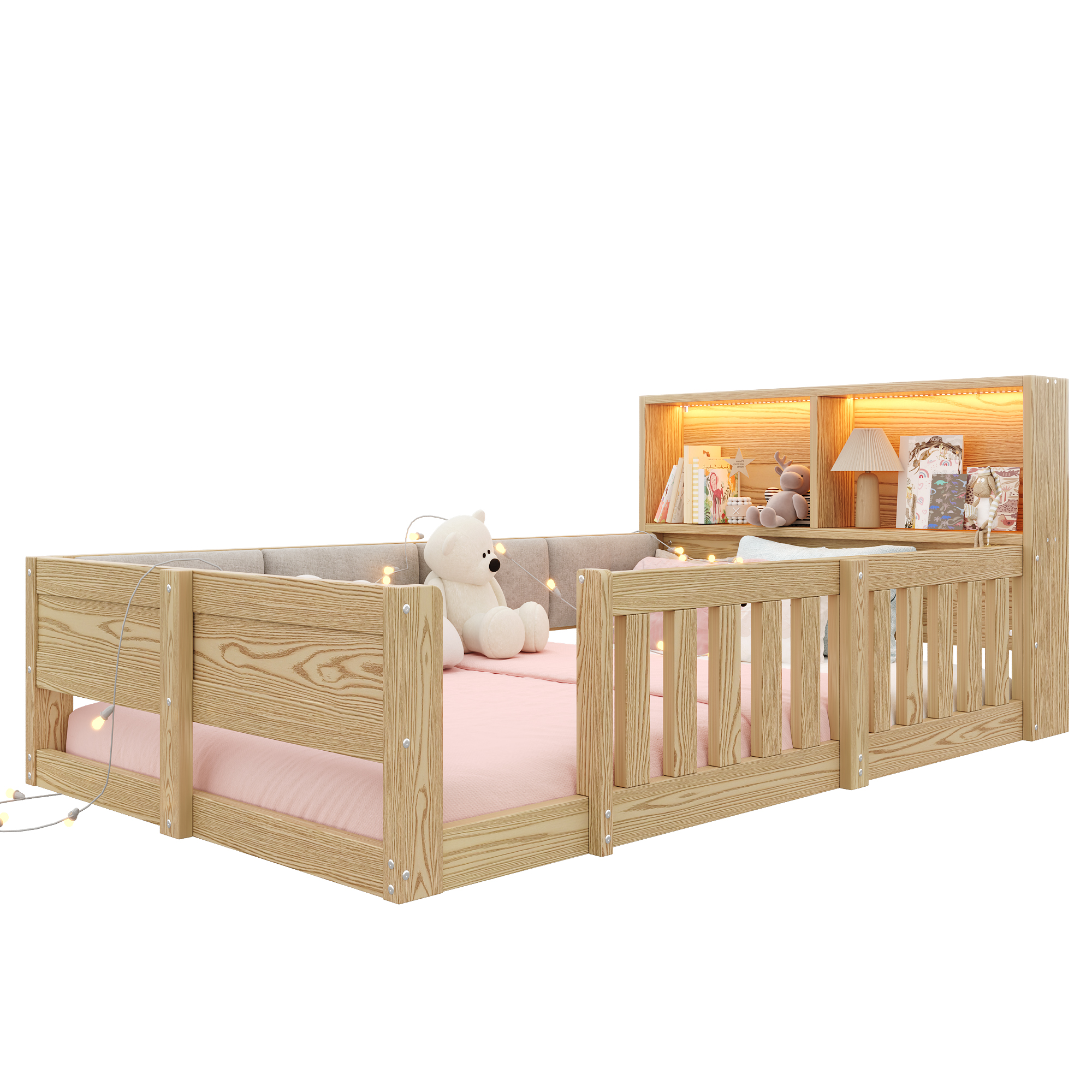 Détails de Lit enfant 90 x 200 cm avec LED et protection rembourrée, Naturel, sans matelas