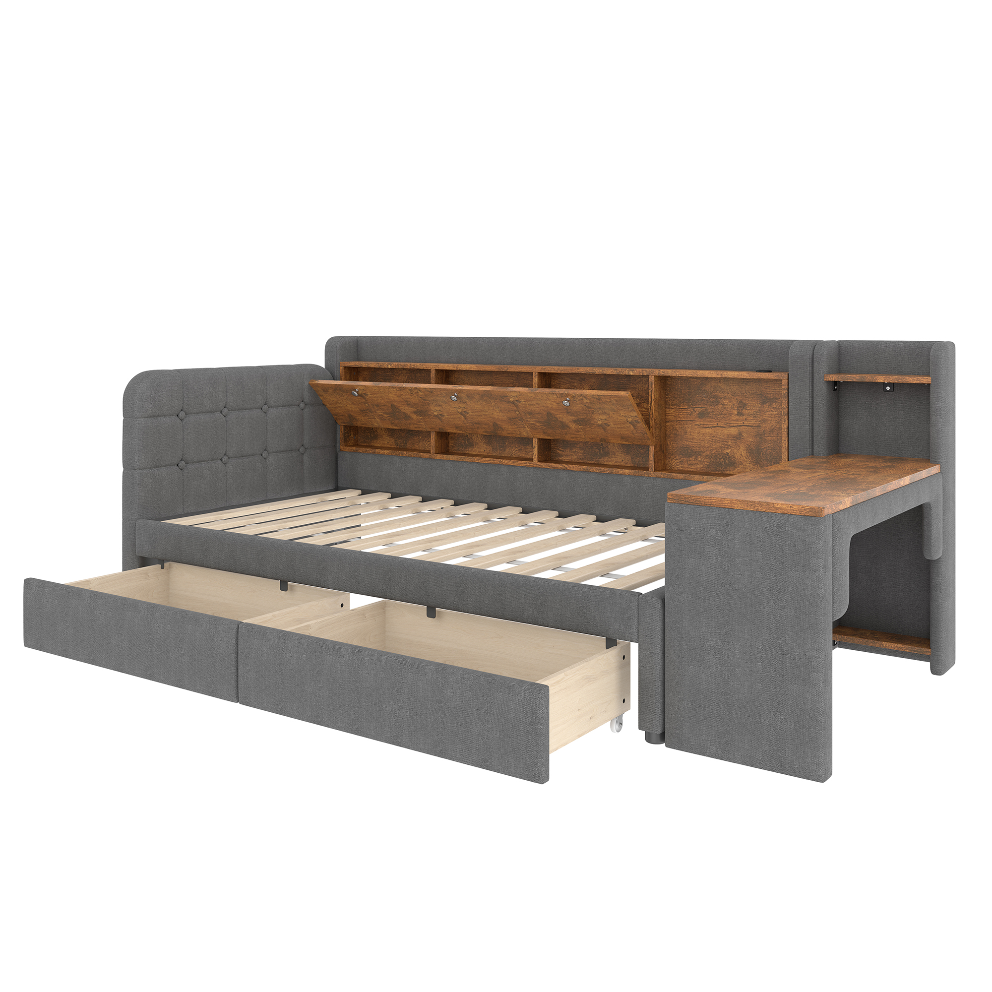 Lit en chanvre et MDF, rangement avec couvercle rabattable et étagère, bureau flexible, pour chambre, matériau écologique respirant, design intelligent, beaucoup de stockage, style naturel, durabilité - image 9