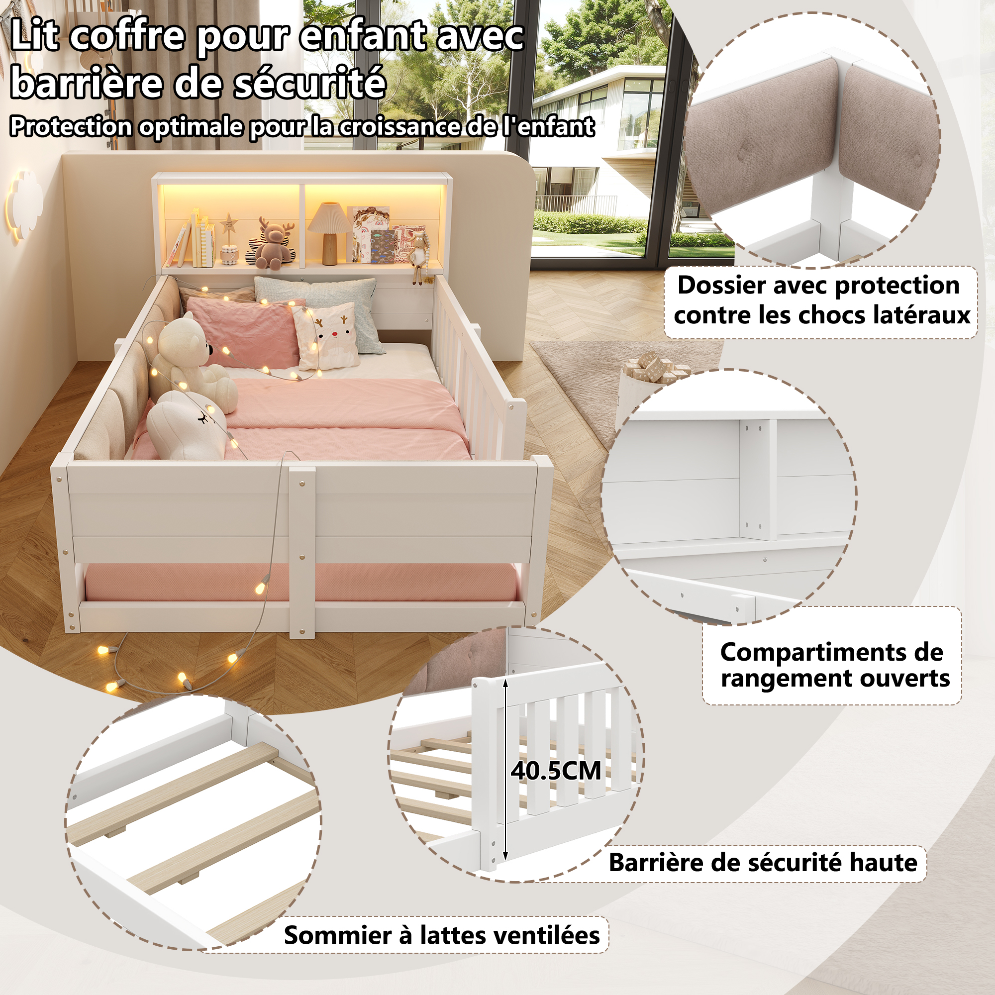 Présentation de Lit enfant 90 x 200 cm avec LED et protection rembourrée, Blanc, sans matelas