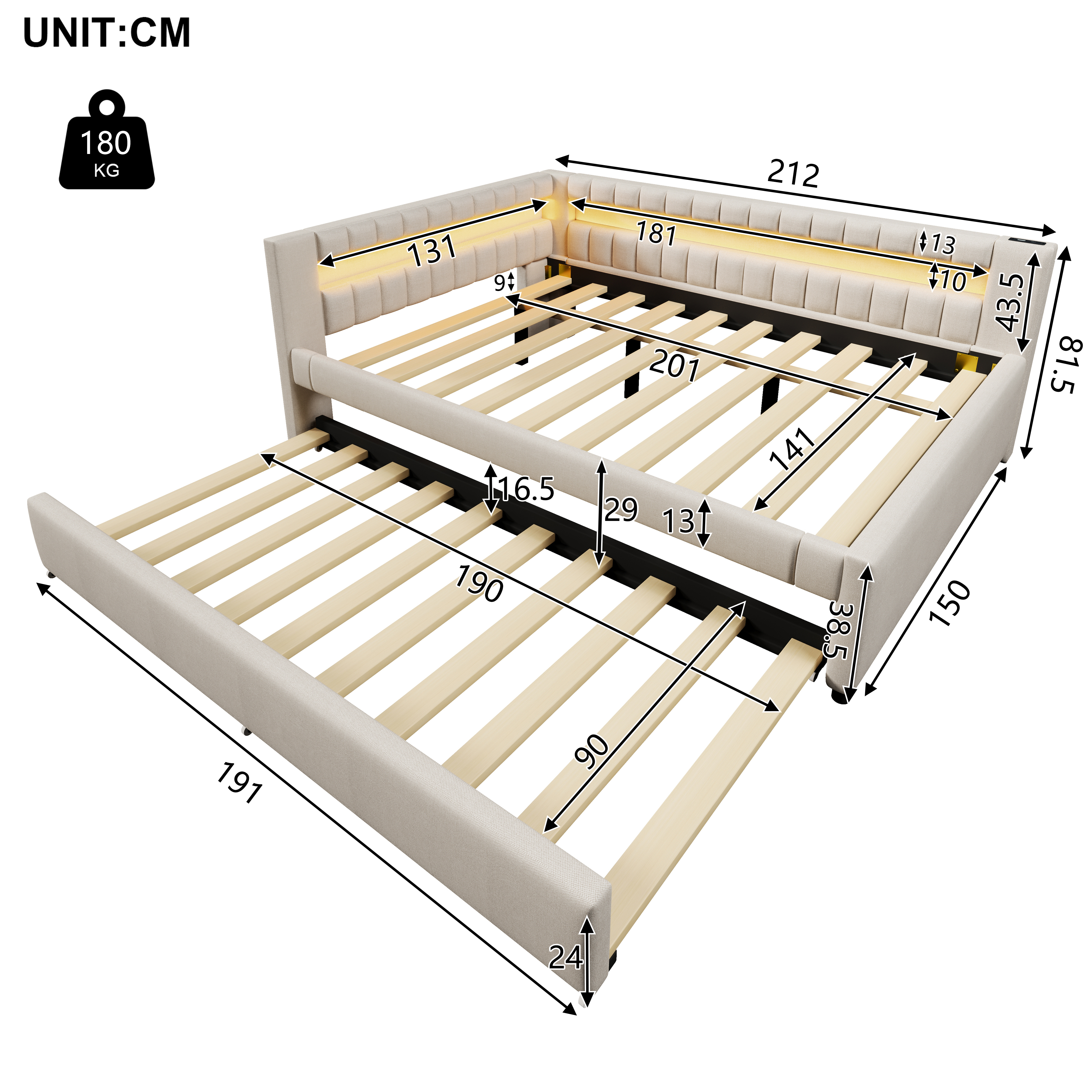 Lit en lin et MDF avec LED contrôlable tactile/app, USB + Type-C, lit escamotable, pour chambre, ambiance romantique, recharge multiple, utilisation flexible, design moderne, confort et technologie, style élégant - image 4