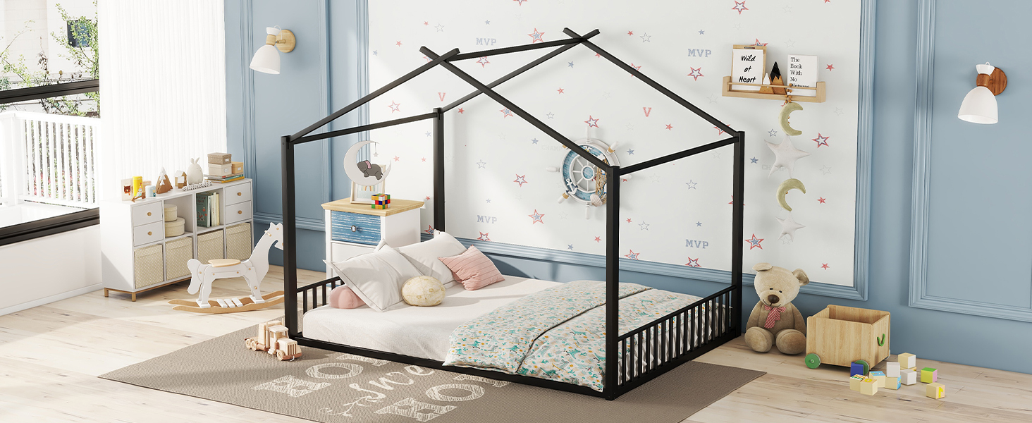 Lit mezzanine enfant en métal en forme de maison noir, pour chambre d'enfant, design unique, espace de jeu, style moderne, facile montage, stabilité, sécurité, utilisation polyvalente, décoration - image 20