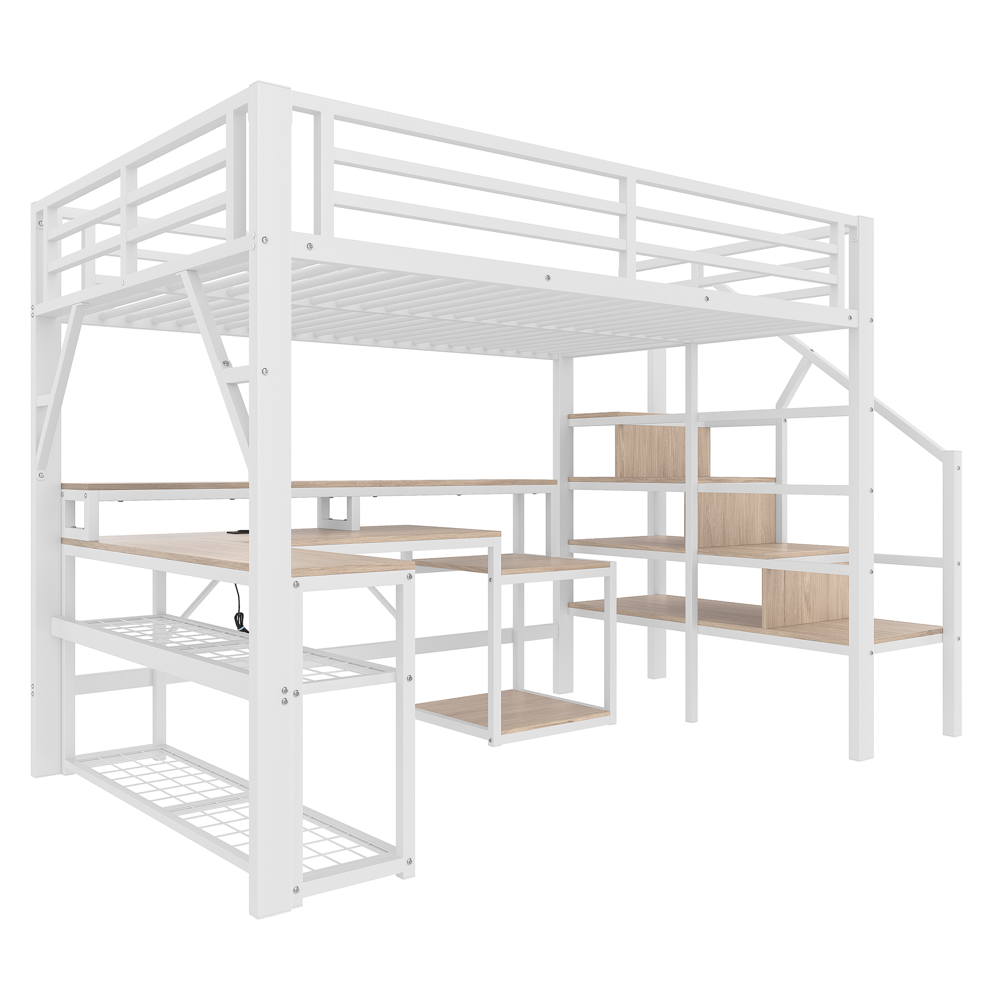 Lit mezzanine fer et MDF avec LED contrôlable app, USB, étagères et compartiments, pour chambre d'enfant et étude, structure stable, ambiance lumineuse, beaucoup de rangement, design moderne, sécurité - image 12