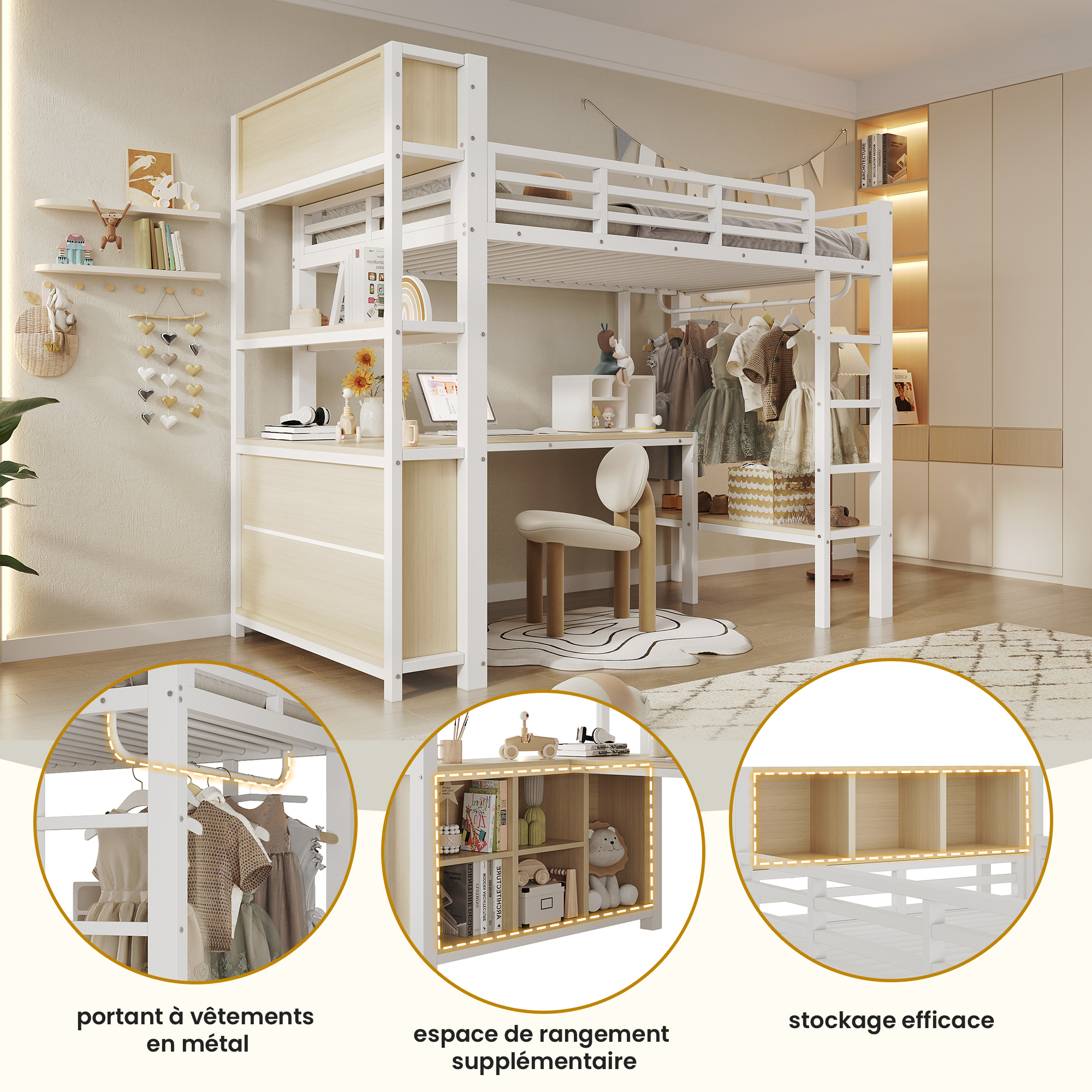 Présentation de Lit mezzanine en métal 90 x 200 cm avec bureau, penderie, rangements et espace inférieur ouvert, Blanc, sans matelas