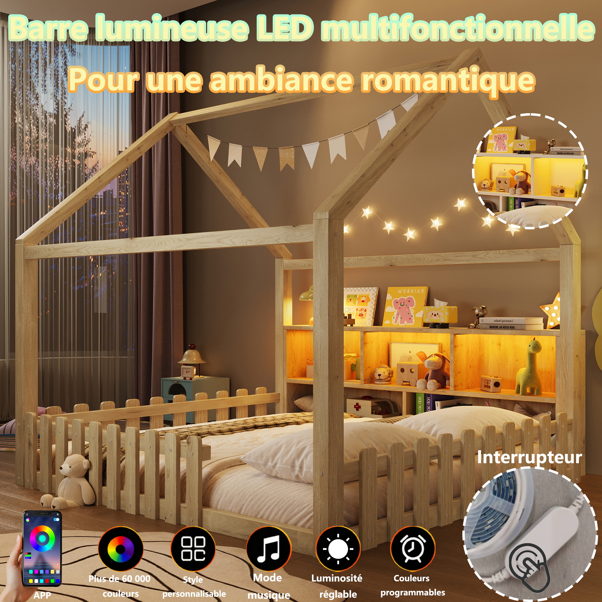 Lit Enfant Maison 140×190 cm – Design Cabane, LED et Rangement Intégré – Montage, livraison et éléments fournis