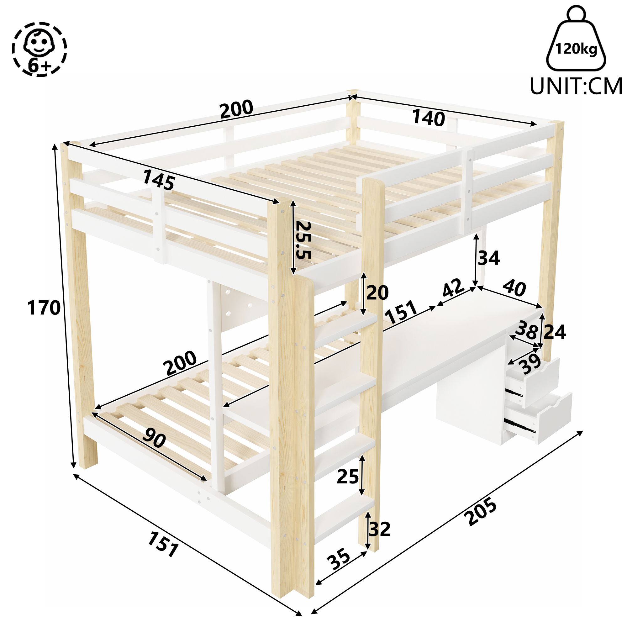 Lit mezzanine 90x200 et 140x200 cm avec rangement, tiroirs, bureau, LED pin, MDF blanc - points forts 1