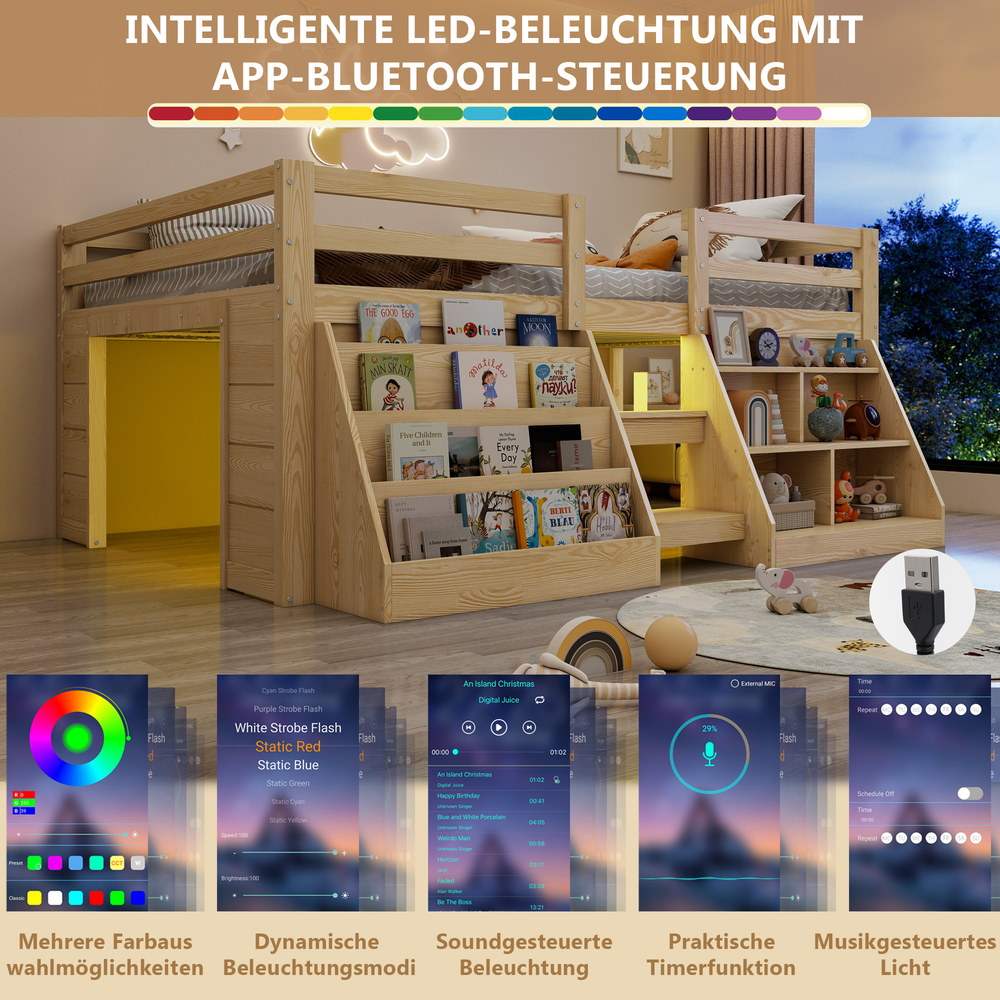 Lit mi-hauteur enfant en bois naturel avec éclairage LED multicolore et commande par application