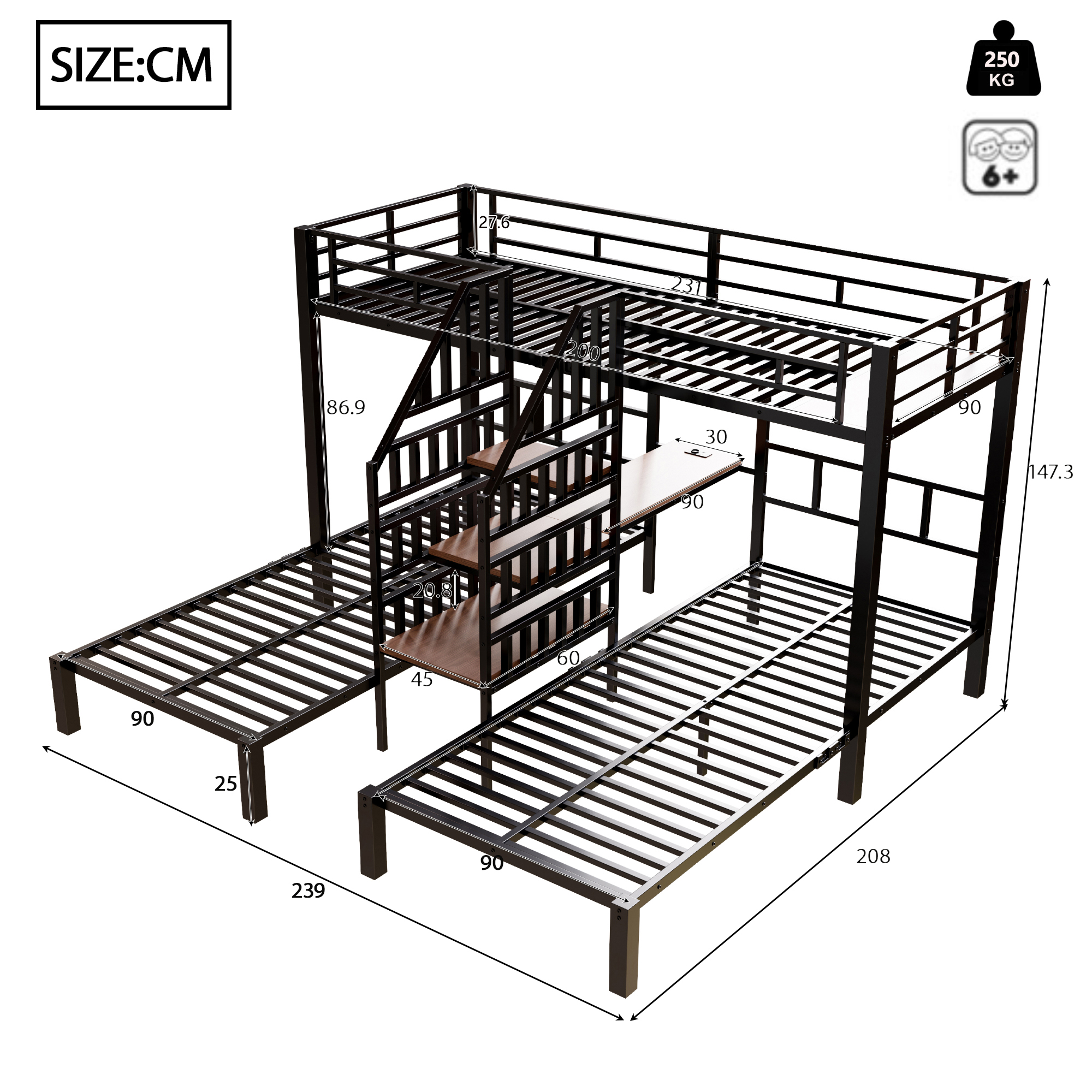 Lit superposé 90 x 200 cm, bureau intégré, escalier de rangement, éclairage LED, prise intégrée, métal, noir, 239 x 208 x 147,3 cm 🛏️🪜 - vue complémentaire 1