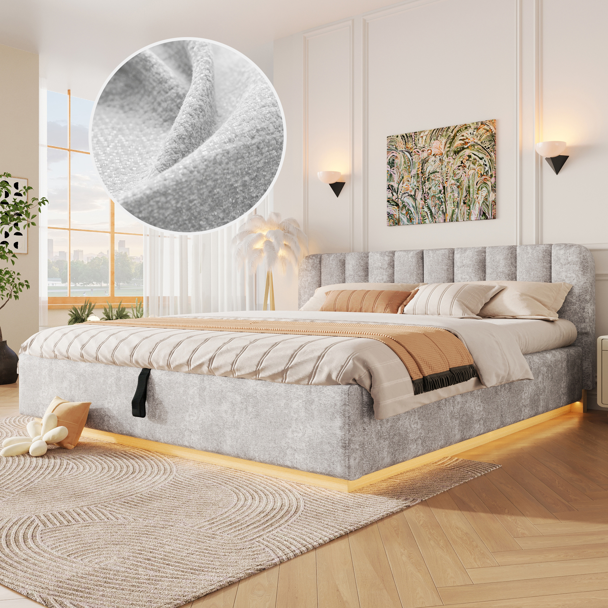 Lit coffre rembourré en chenille 180 x 200 cm avec rangement hydraulique, LED et sommier à lattes, Gris, sans matelas