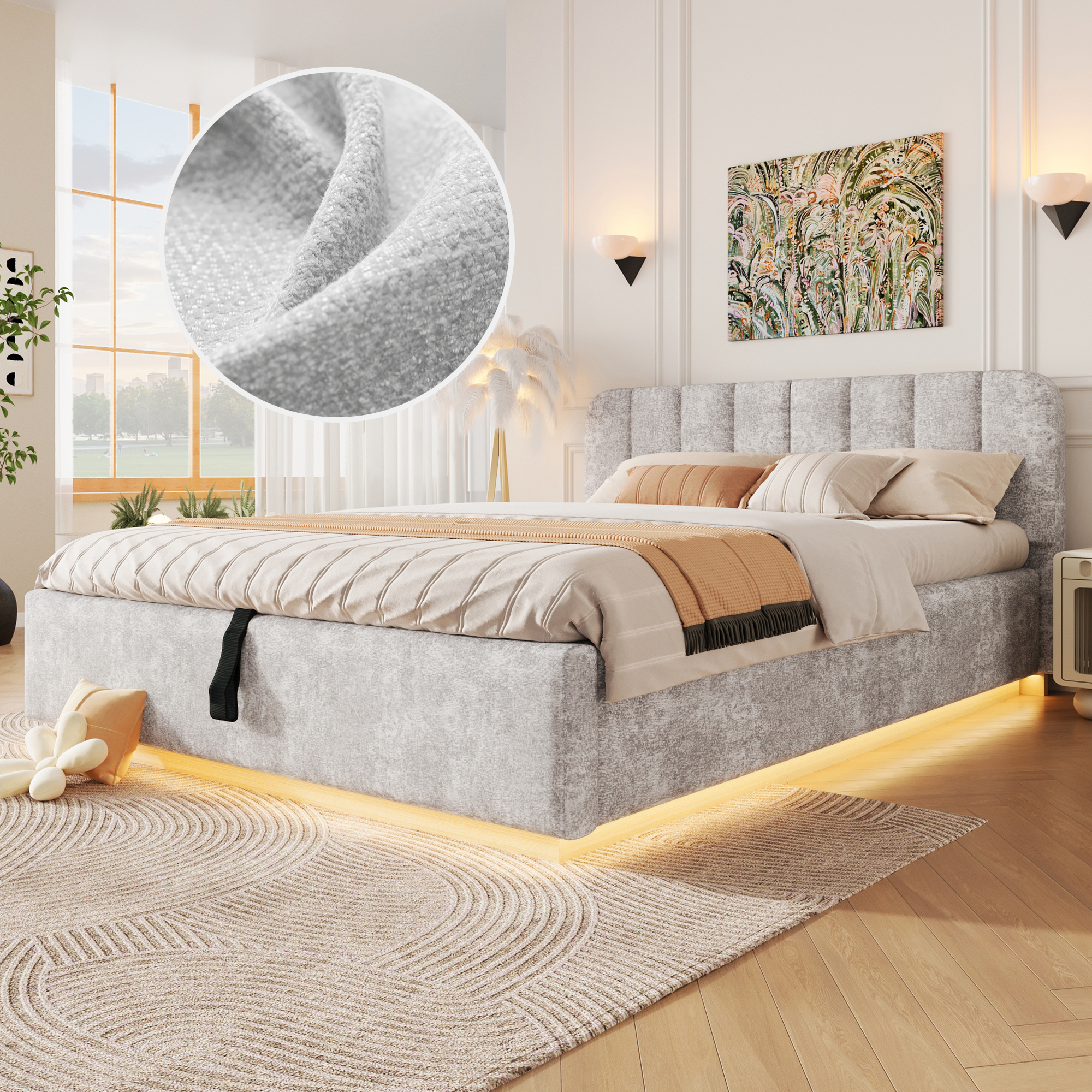 Lit coffre rembourré en chenille 140 x 200 cm avec rangement hydraulique, LED et sommier à lattes, Gris, sans matelas