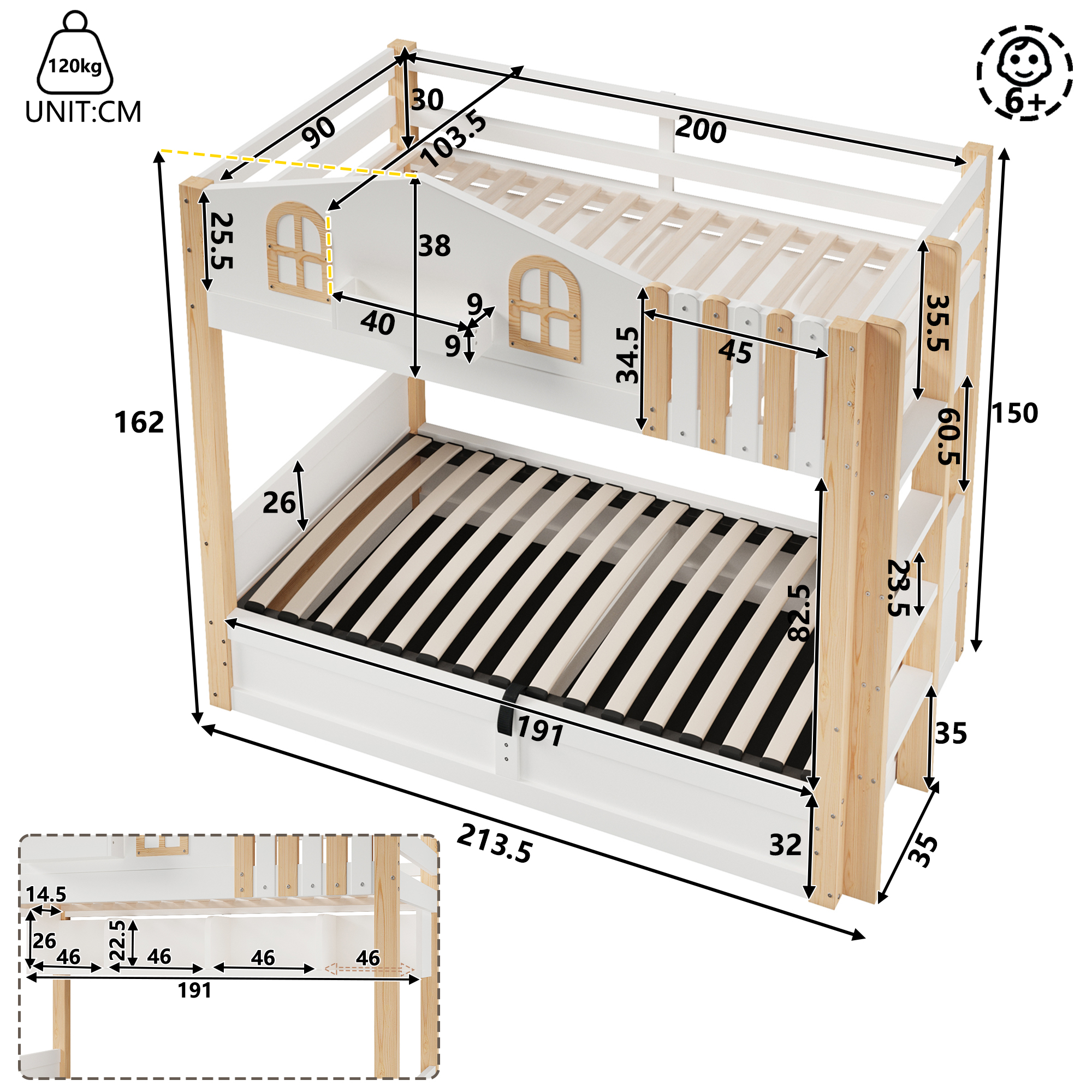 Lit superposé 90 x 200 cm avec éclairage LED, rangements intégrés, rangement hydraulique, blanc et chêne - vue complémentaire 1