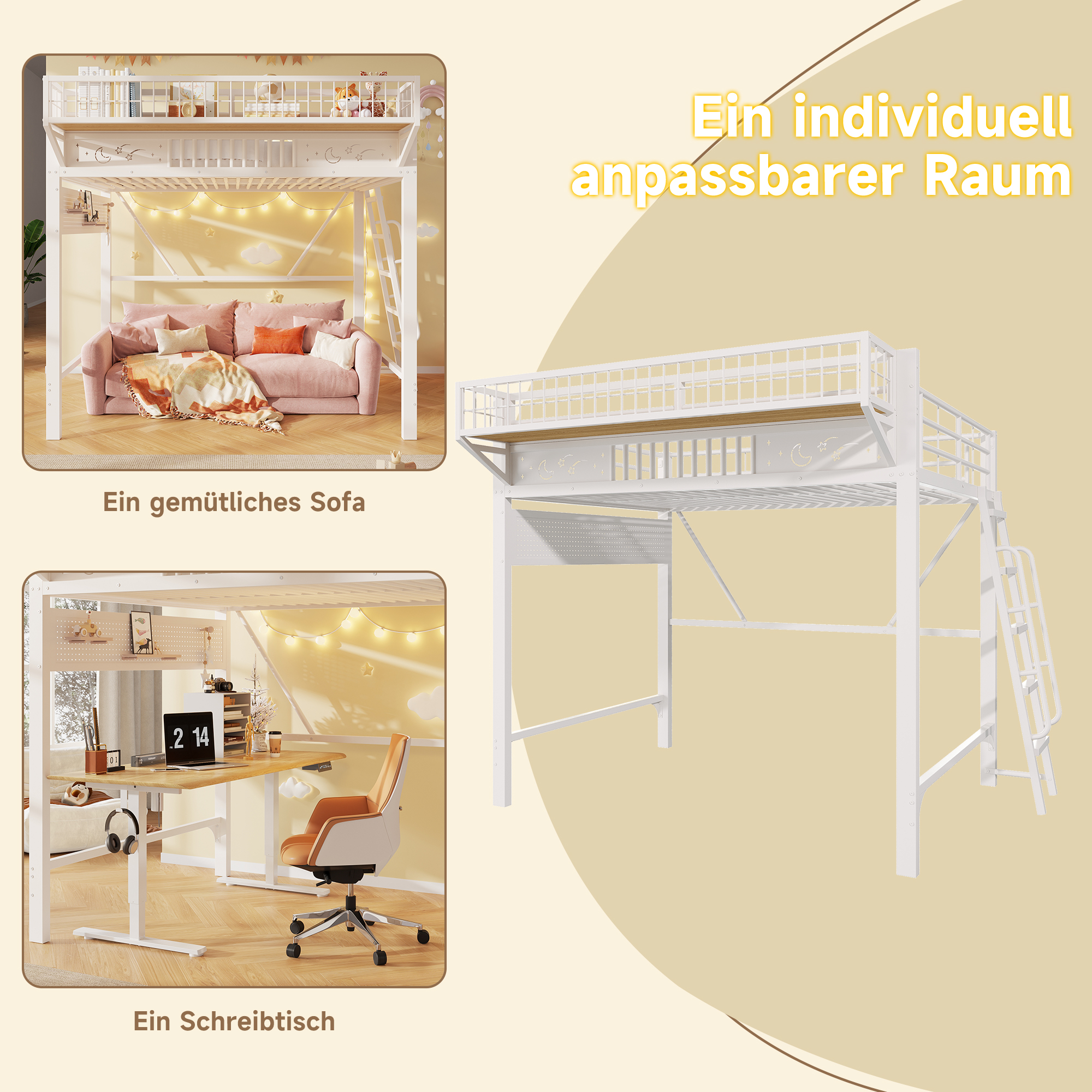 Lit mezzanine, 235 x 169 x 188 cm, métal, blanc - vue 9