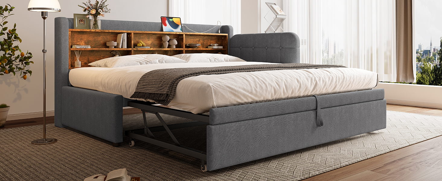 Lit en chanvre et MDF avec escamotable 180×200 cm, USB + Type-C, tête à boutons faite main, style rétro, pour petit appartement, matériau écologique, couchage spacieux, recharge au lit, design élégant, confort, fonctionnalité - image 24