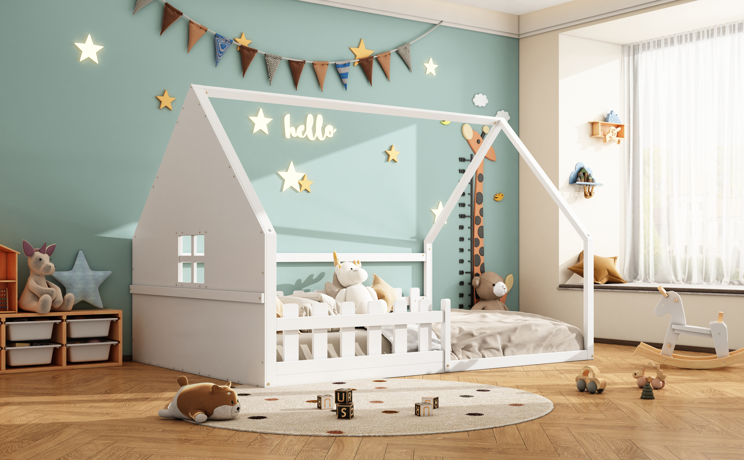 Lit enfant maison de rêve en pin et MDF, design maison miniature, pour chambre d'enfant, stimule imagination, construction stable, style naturel moderne, sécurité et amusement, espace de jeu unique - image 14
