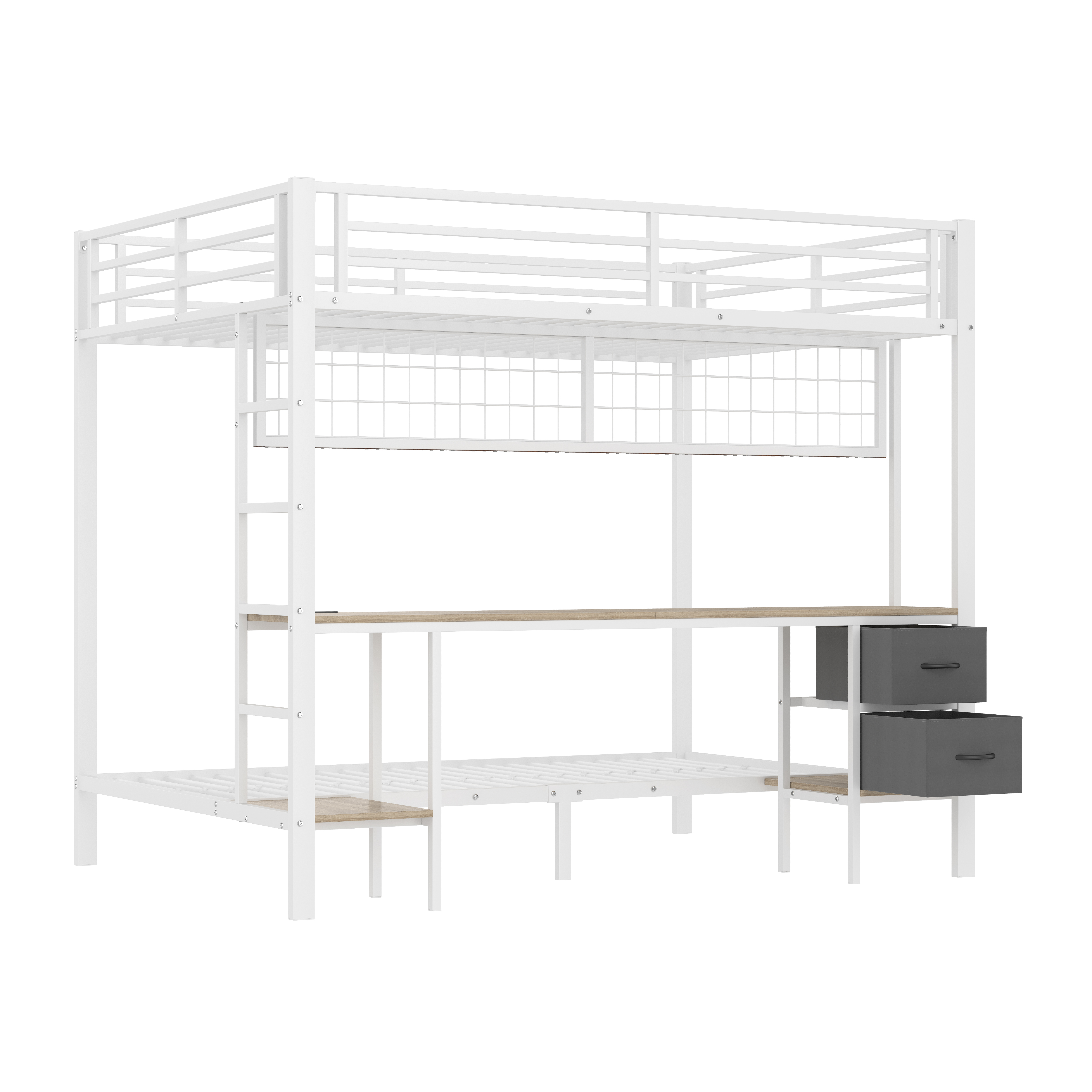 Lit mezzanine fer avec tiroirs, étagères étagées, grille suspendue, pour chambre d'enfant et étude, structure stable, beaucoup de rangement, organisation personnalisée, design fonctionnel, sécurité, durabilité - image 14