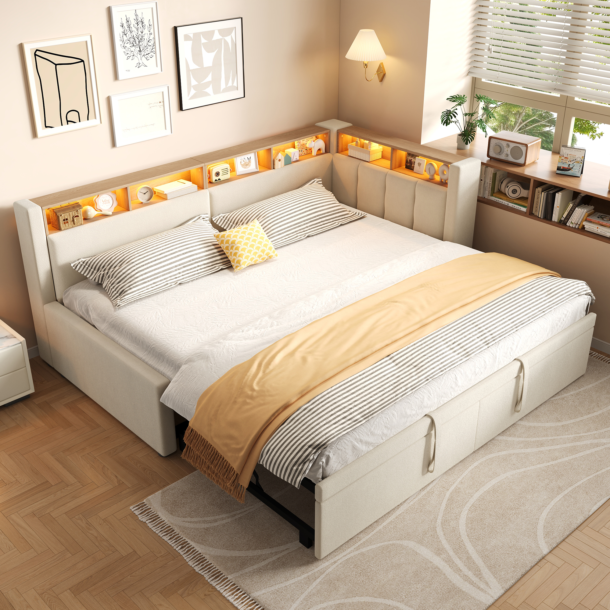 Lit banquette extensible Beige 90 x 200 cm jusqu'à 180 x 200 cm avec LED et rangements