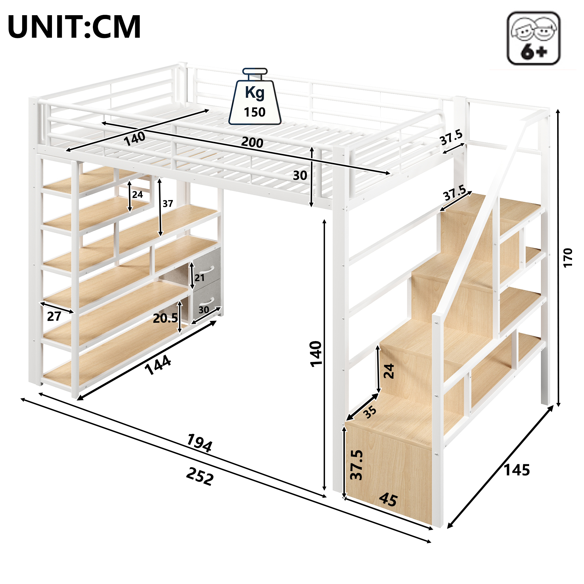 Lit mezzanine 140 x 200 cm, escalier, 2 tiroirs, éclairage LED sous le couchage, garde-corps, métal et MDF, blanc, 252 x 145 x 170 cm - vue complémentaire 1