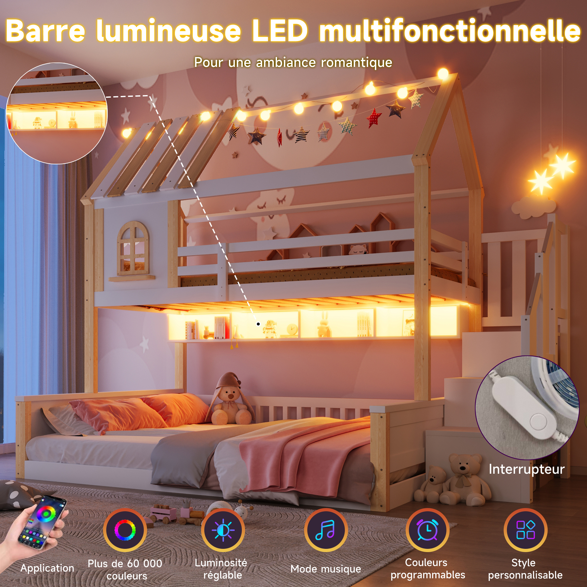 Détail LED RVB lit superposé maison
