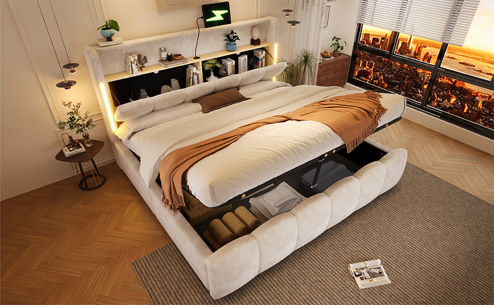 Lit coffre capitonné 180x200 cm en velours avec LED et rangement