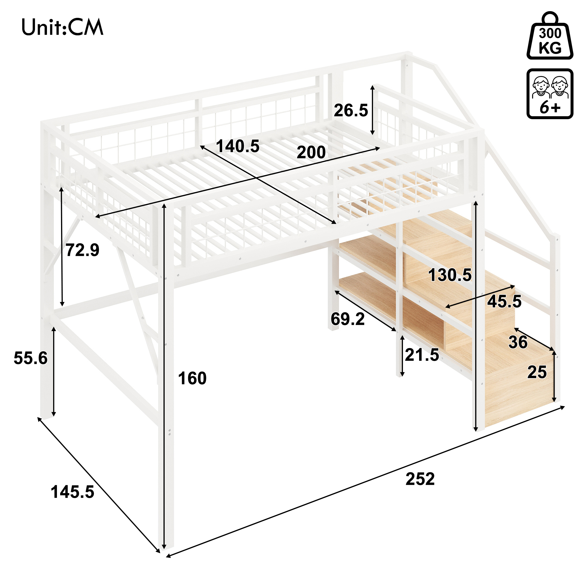 Lit mezzanine 140x200 cm avec rangement, LED métal, MDF blanc - points forts 1