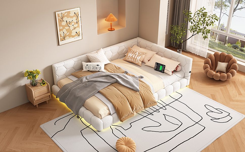 Lit avec LED 16 couleurs contrôlable app, USB + Type-C, velours imitation, MDF, pour chambre, ambiance romantique, recharge multiple, design moderne, confort et technologie, style fonctionnel élégant - image 14